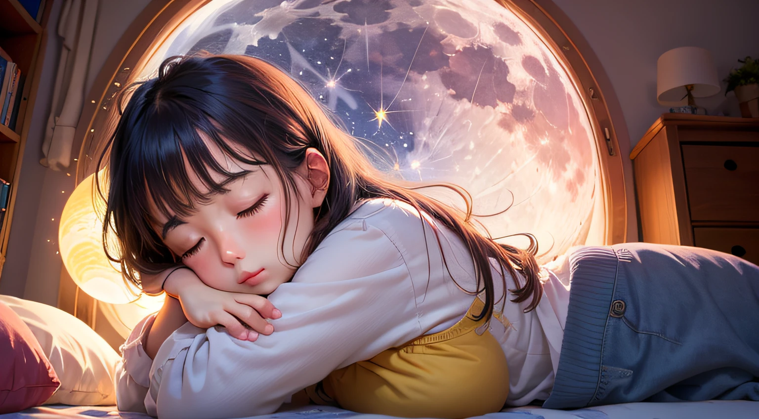 colorful、Big Moon in window、shining stars, realistic、Girl sleeping on her back on the bed、closed eyes, 超A high resolution