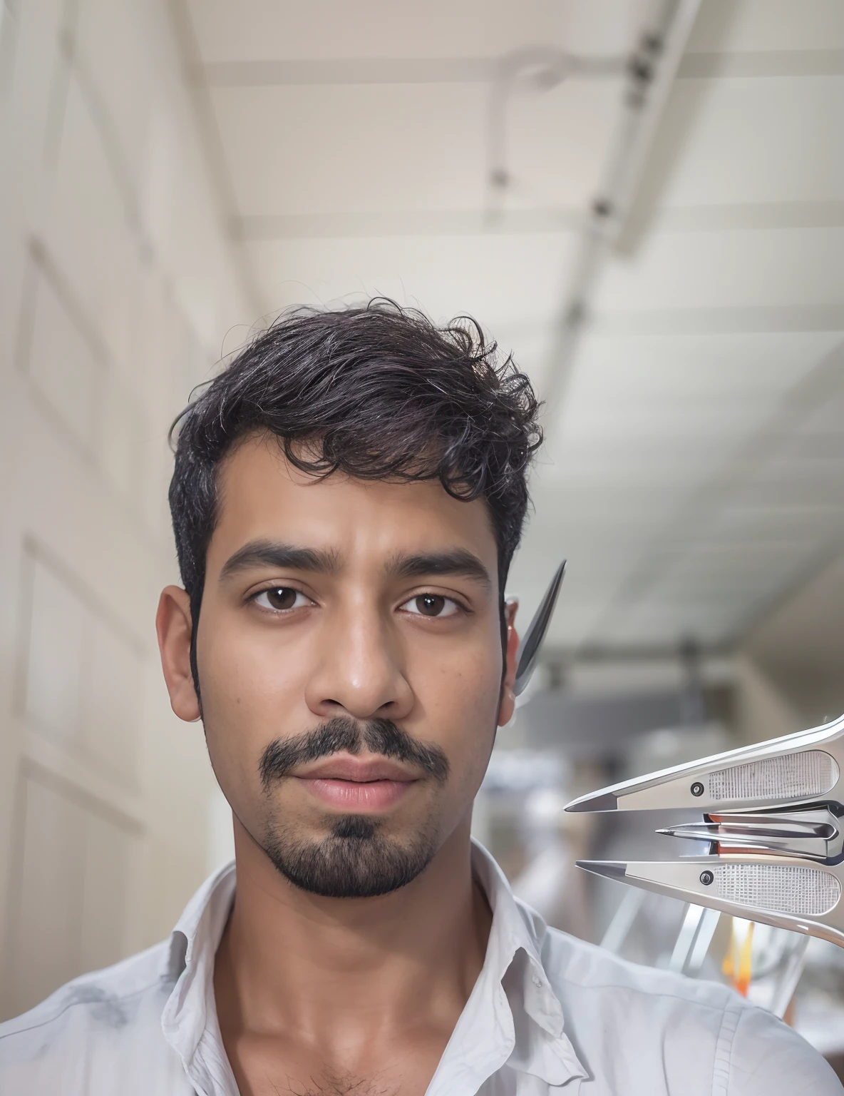 arafed man in a white shirt holding a pair of scissors, with accurate face, jayison devadas, 8k selfie photograph, face picture, without beard, with kind face, good looking face, vinayak, selfie photo, facing camera, very accurate photo, with lovely look, front profile!!!!, handsome face, very clear picture