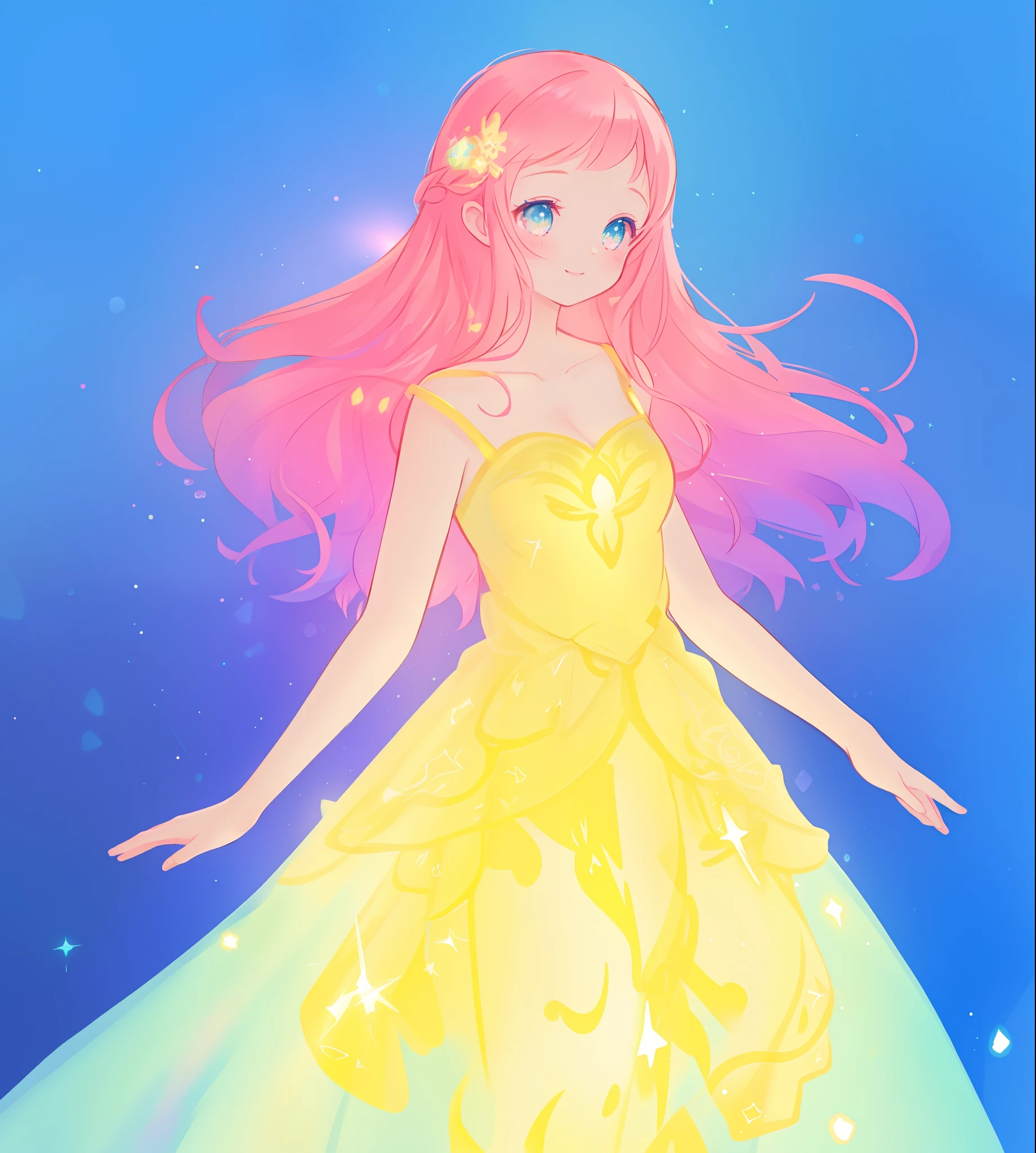 beautiful girl, puffy tiered ballgown, vibrant pastel colors, (colorful), glowing golden long hair, magical lights, sparkling magical liquid, inspired by Glen Keane, inspired by Lois van Baarle, disney art style, by Lois van Baarle, glowing aura around her, by Glen Keane, jen bartel, glowing lights! digital painting, flowing glowing hair, glowing flowing hair, beautiful digital illustration, fantasia background, whimsical, magical, fantasy, ((beautiful face)), ((masterpiece, best quality)), intricate details, highly detailed, sharp focus, 8k resolution, sparkling detailed eyes, liquid watercolor