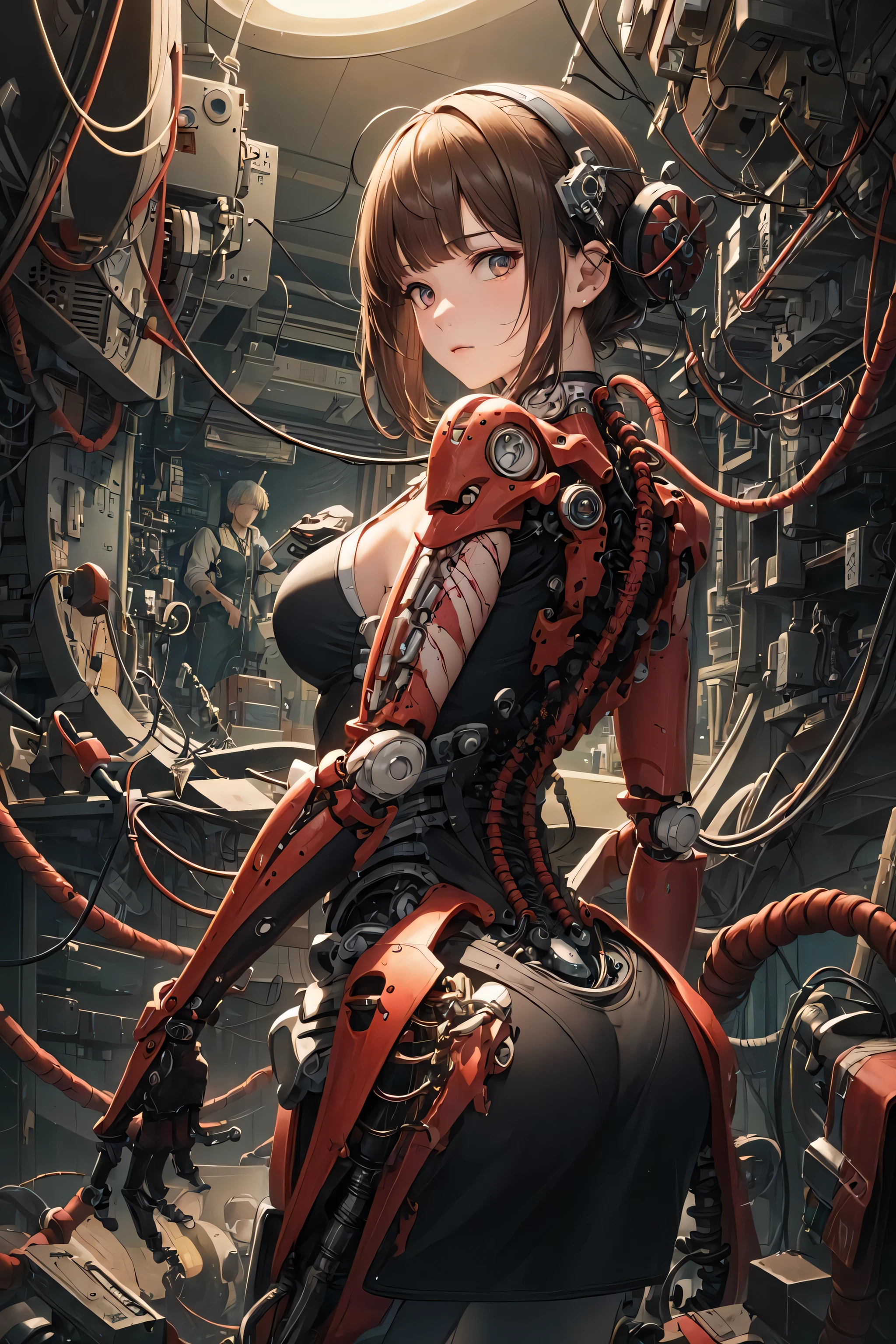 (((masterpiece))), (((best quality))), ((ultra-detailed)), (highly detailed CG illustration), ((an extremely delicate and beautiful)),cinematic light,((1mechanical girl)),solo,(cowboy shot:1.2),(machine made joints:1.2),((machanical limbs)),(blood vessels connected to tubes),(mechanical vertebra attaching to back),((mechanical cervial attaching to neck)),expressionless,(wires and cables attaching to neck:1.2),(wires and cables on head:1.2),(character focus),science fiction,extreme detailed,colorful,highest detailed, loongs,fengs,background,