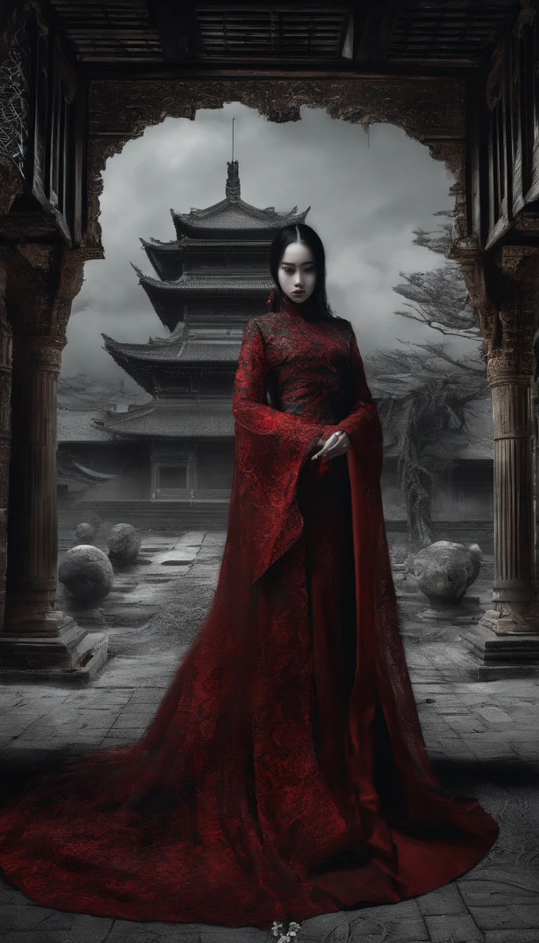 best qualtiy,tmasterpiece,hyper realisitc,超高分辨率,(realisticlying:1.4),Oriental ancient house in the background,Breakage,Broken,Detal Face, 1 Oriental Girl,Redcoat,Wedding dress,red veil,(Ghost smoke:1.2),The upper part of the body,a beauty girl,full bodyesbian,buliding,