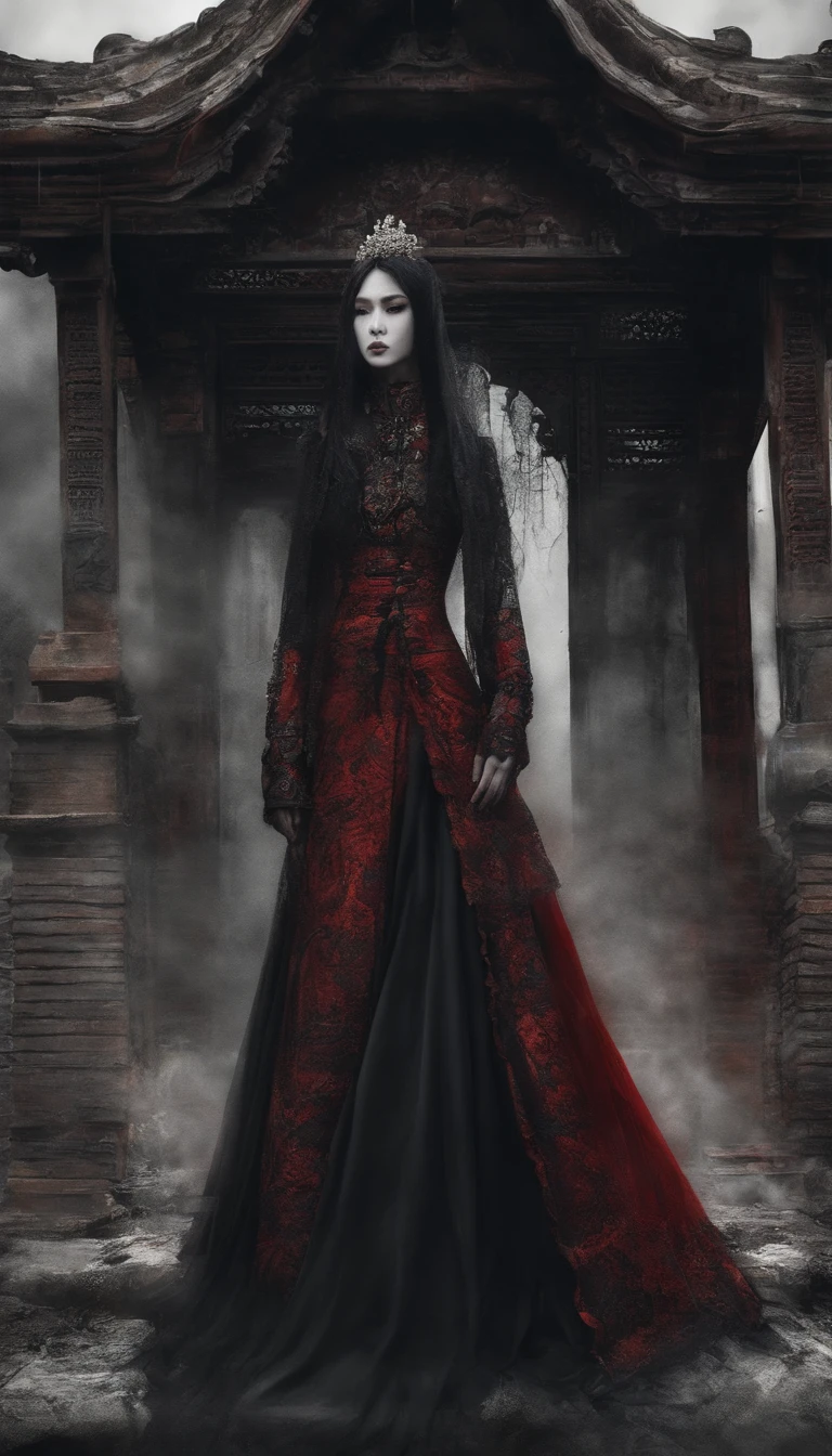 best qualtiy，tmasterpiece，hyper realisitc，超高分辨率，（realisticlying：1.4），Oriental ancient house in the background，Breakage，Broken，Detal Face， 1 Oriental Girl，Redcoat，Wedding dress，red veil，（Ghost smoke：1.2），The upper part of the body，a beauty girl，full bodyesbian，buliding，
