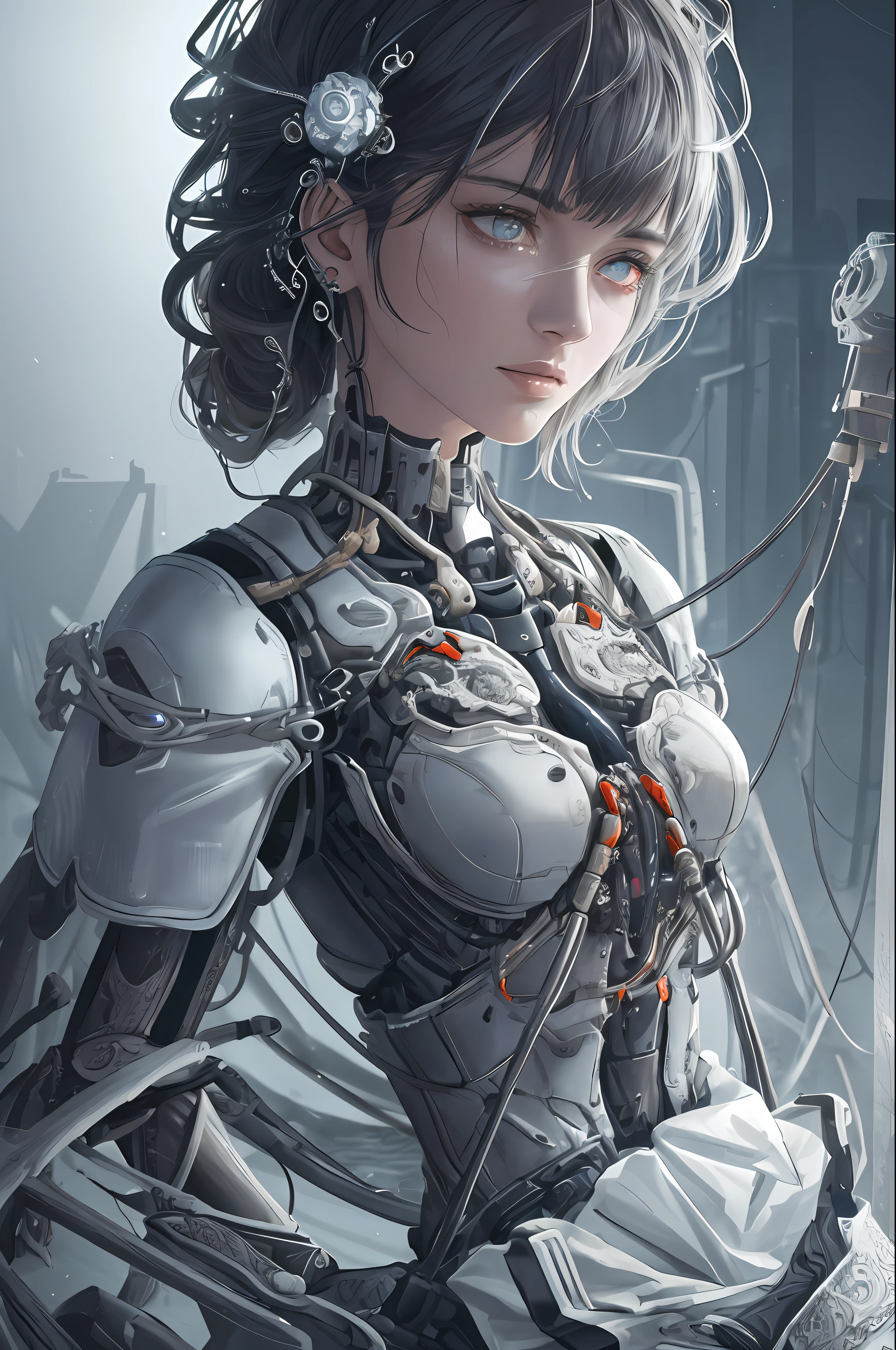 1mechanical girl,((ultra realistic details)), portrait, global illumination, shadows, octane render, 8k, ultra sharp,metal,intricate, ornaments detailed, cold colors, egypician detail, highly intricate details, realistic light, trending on cgsociety, glowing eyes, facing camera, neon details, machanical limbs,blood vessels connected to tubes,mechanical vertebra attaching to back,mechanical cervial attaching to neck,sitting,wires and cables connecting to head