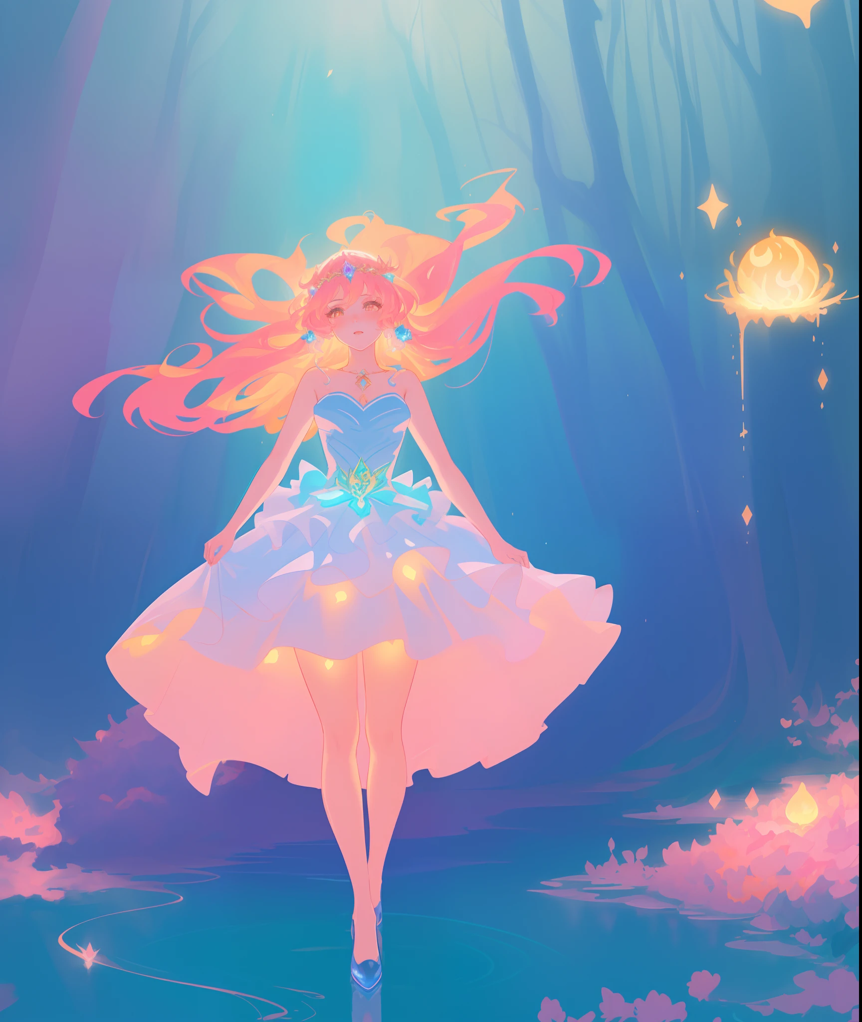 beautiful girl, puffy tiered ballgown, otherworldly forest landscape, vibrant pastel colors, (colorful), glowing golden long hair, magical lights, sparkling magical liquid, inspired by Glen Keane, inspired by Lois van Baarle, disney art style, by Lois van Baarle, glowing aura around her, by Glen Keane, jen bartel, glowing lights! digital painting, flowing glowing hair, glowing flowing hair, beautiful digital illustration, fantasia background, whimsical, magical, fantasy, ((beautiful face)), ((masterpiece, best quality)), intricate details, highly detailed, sharp focus, 8k resolution, sparkling detailed eyes, liquid watercolor