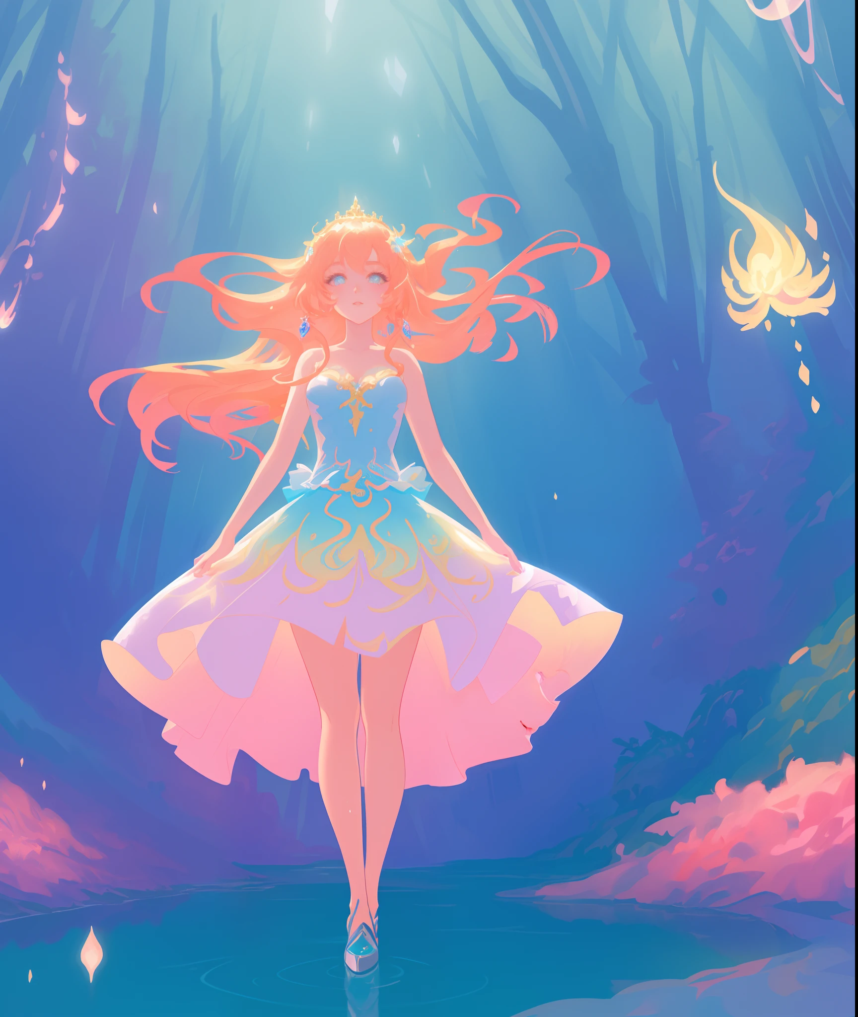beautiful girl, puffy tiered ballgown, otherworldly forest landscape, vibrant pastel colors, (colorful), glowing golden long hair, magical lights, sparkling magical liquid, inspired by Glen Keane, inspired by Lois van Baarle, disney art style, by Lois van Baarle, glowing aura around her, by Glen Keane, jen bartel, glowing lights! digital painting, flowing glowing hair, glowing flowing hair, beautiful digital illustration, fantasia background, whimsical, magical, fantasy, ((beautiful face)), ((masterpiece, best quality)), intricate details, highly detailed, sharp focus, 8k resolution, sparkling detailed eyes, liquid watercolor