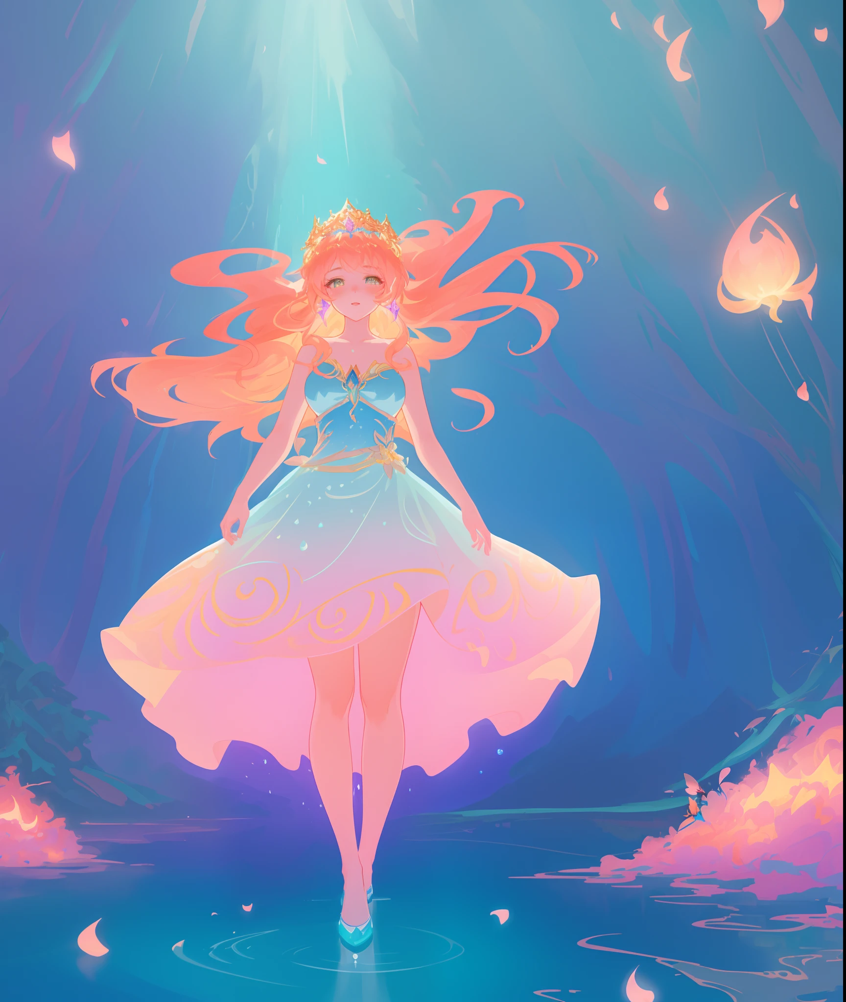 beautiful girl, puffy tiered ballgown, otherworldly forest landscape, vibrant pastel colors, (colorful), glowing golden long hair, magical lights, sparkling magical liquid, inspired by Glen Keane, inspired by Lois van Baarle, disney art style, by Lois van Baarle, glowing aura around her, by Glen Keane, jen bartel, glowing lights! digital painting, flowing glowing hair, glowing flowing hair, beautiful digital illustration, fantasia background, whimsical, magical, fantasy, ((beautiful face)), ((masterpiece, best quality)), intricate details, highly detailed, sharp focus, 8k resolution, sparkling detailed eyes, liquid watercolor