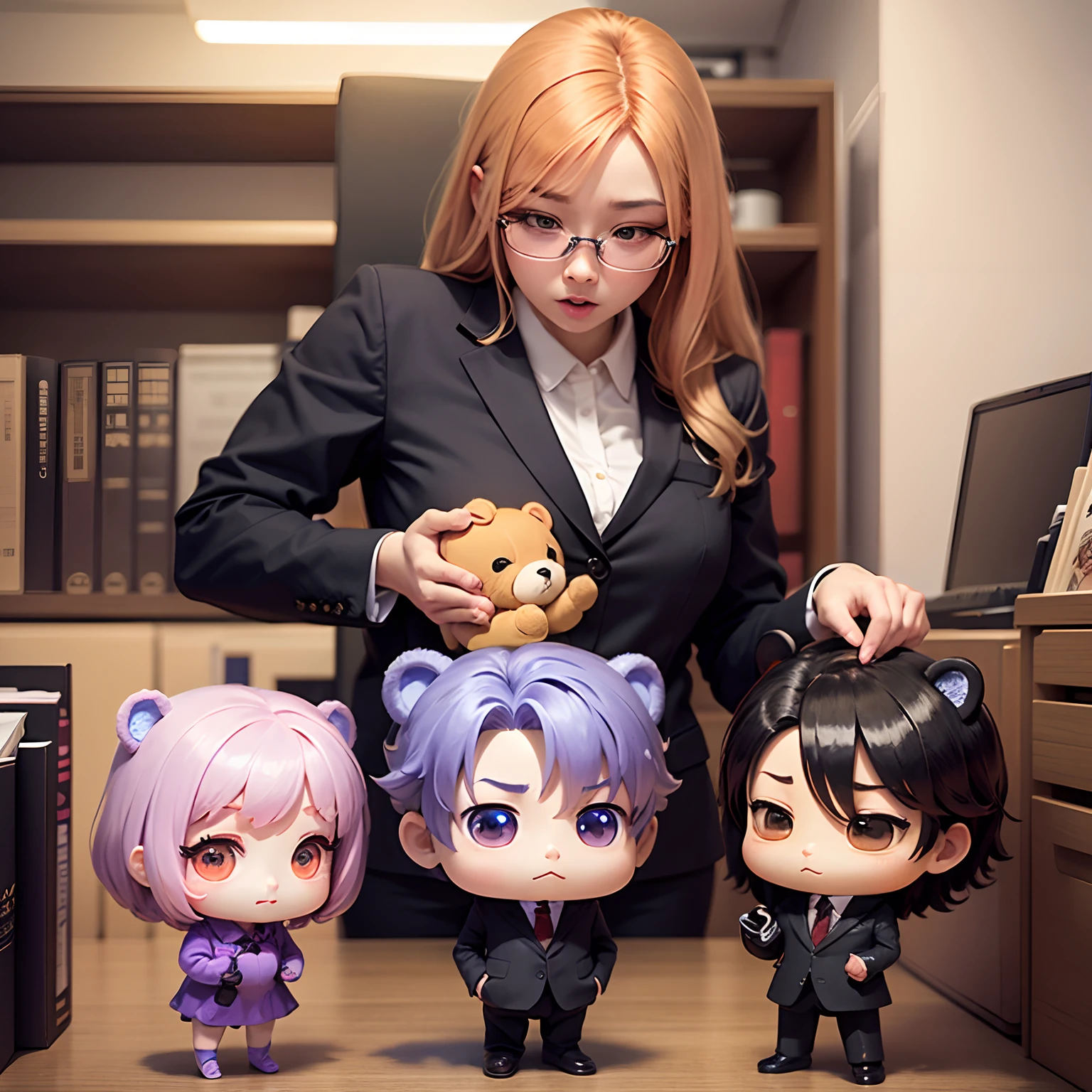 masterpiece、top-quality、ultra-detailliert、(Chibi Chara:1.2)、Purple bear of lies、Business suits、Chibi Office、Standing