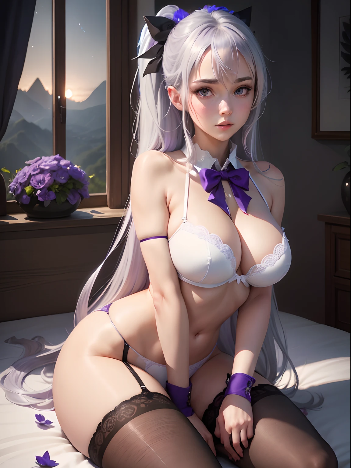 Best Quality, masutepiece,, Illustration, Wallpaper,1girl in, Solo, White bra, Bright purple-silver hair, Semi-long hair, Beautiful detailed girl, extremely detailed eye and face, Beautiful detailed eyes, Shy, natural_Lighting, Glow,NSFW, Clean sky, Looking at Viewer, Outdoors, nigh sky, Star (skyporn), lowfers, Black pantyhose, blue bowtie, Straight hair, Purple petals, Purple and blue flowers, Red pupil, Ponytail, Blue Ribbon,White hair, Thick_thighs thighs thighs thighs, Large breasts,knee sox,Open your crotch,White panty,in bed room,