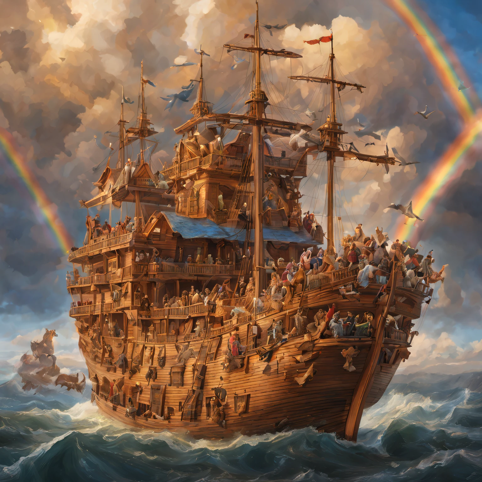Noah's Ark, a large ark, a three-story ship made of wood, with people, dogs, cats, pigs, cows, and other animals on board, pigeons flying out of the ship, and a rainbow, (Masterpiece), (Best Quality), (Ultra high Detailed)