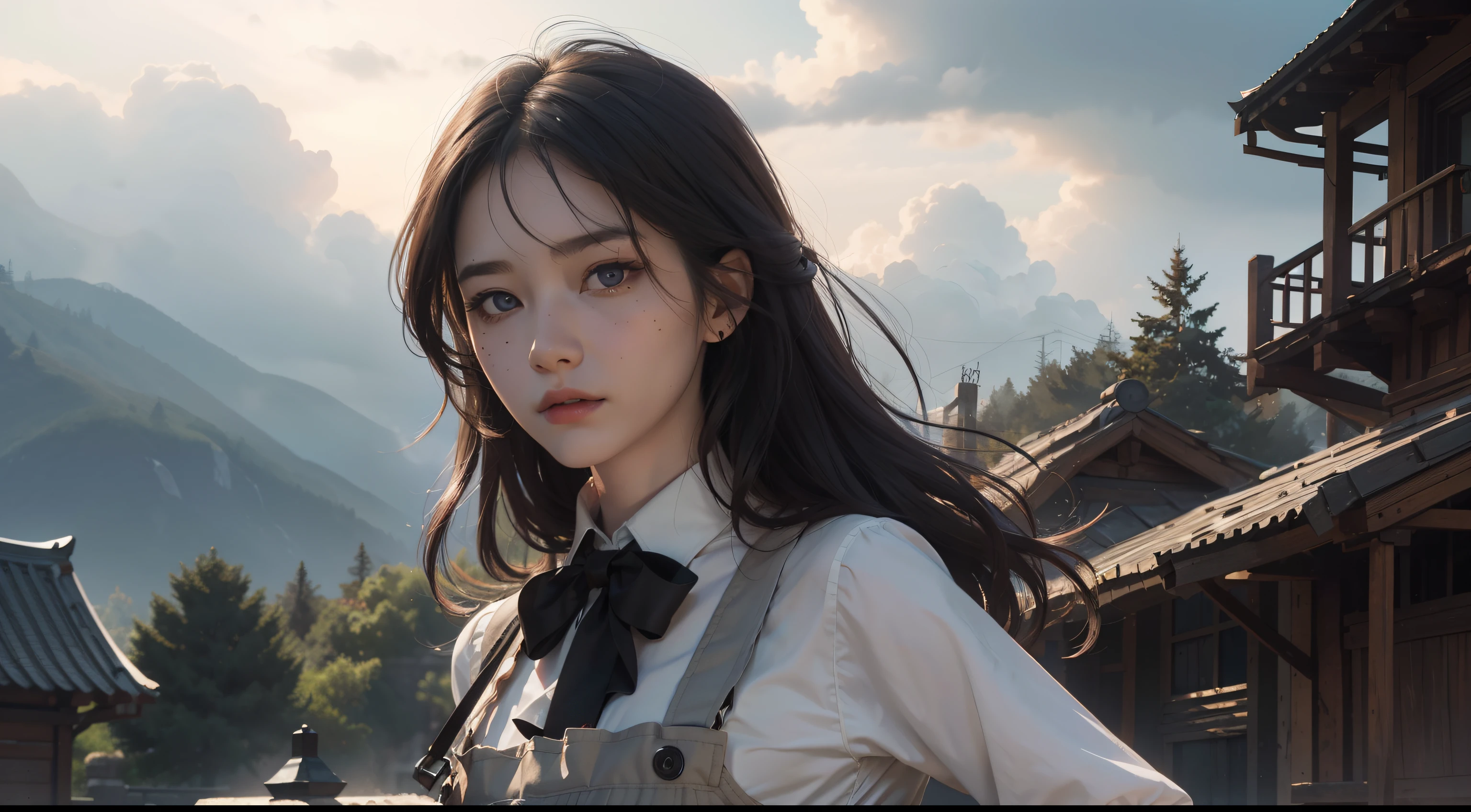 (Hyper-realistic), (Illustration), (High resolution), (8K), (Extremely detailed), (Best Illustration), Yol ( chain saw man ), (Beautiful detailed eyes), (Best Quality), (Ultra-detailed), (masutepiece), (Wallpaper), (Detailed face), Solo, Upper body, Focus on Face, 1 girl, Long Black Hair, Korean, Thin eyeshadow, A detailed eye, Brown eyes, Small moles under the eyes, Long sleeve shirt, Neckbow,  Small breasts, pinafore dress, Dynamic Pose, low illuminance, Night, Dark, Clouds, a dark night