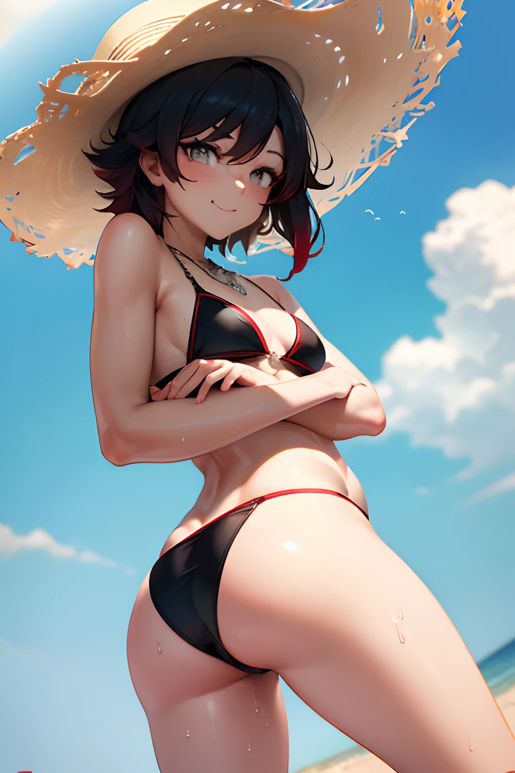 (Masterpiece, Best Quality:1.2),(from below:1.4),pov,(looking down:1.2),bright,(head down:1.2),squatting, body facing away, (ass focus:1.2), Cowboy shot,sunny beach, 1girl,black colored hair,short hair, sun hat, smile, closed mouth, looking at viewer, crossed arms,red bikini, Jewelry, necklace, small-breasts, slim thighs, Spacer frame, steam, glistering slap, Wet, the sweat,