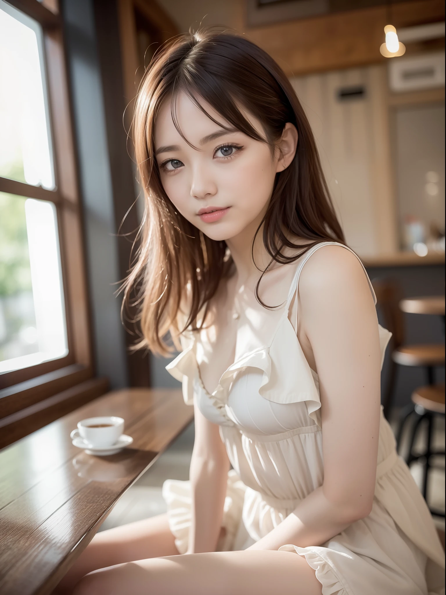 ((of the highest quality, 8K, masutepiece: 1.3, Raw photo)), Sharp Focus: 1.2, (1 AESPA Girl :1.1), Solo, (Realistic, Photorealistic: 1.37), (Face Focus: 1.1), Cute face, hyperdetailed face, (short messy hair: 1.2), Small Smile, Small breasts, flat chest, nude, (dirndl: 1.5), sitting floor, Thigh, cafe, bar, lily