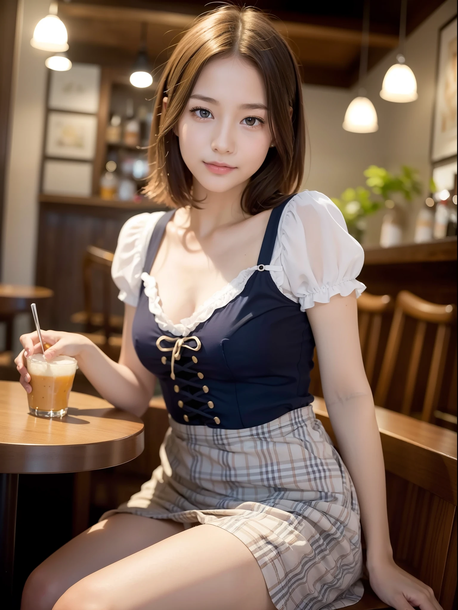 ((of the highest quality, 8K, masutepiece: 1.3, Raw photo)), Sharp Focus: 1.2, (1 AESPA Girl :1.1), Solo, (Realistic, Photorealistic: 1.37), (Face Focus: 1.1), Cute face, hyperdetailed face, (short messy hair: 1.2), Small Smile, Small breasts, flat chest, (dirndl, navy skirt: 1.2), Thigh, beer cafe, bar, lily