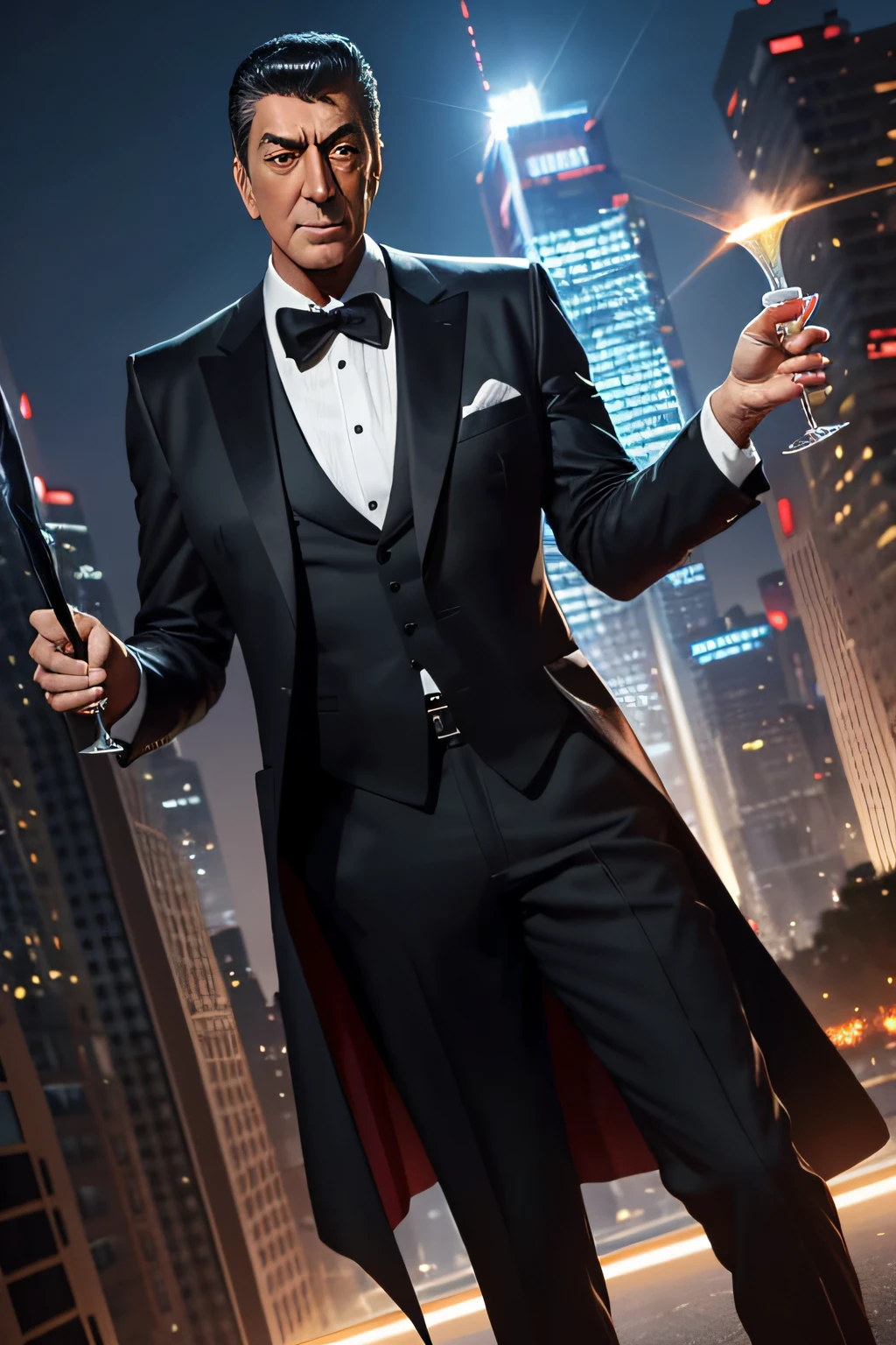 "Generate a captivating and charismatic portrayal of the legendary Dean Martin as a charismatic and stylish superhero. Visualize Dean Martin dressed in a unique and dashing superhero costume that perfectly complements his charismatic personality. In one hand, he holds a martini glass, adding an element of suave charm to his superhero persona. Place him in a glamorous cityscape, where he stands as a celebrated and iconic superhero, effortlessly balancing the demands of heroism and sophistication. The image should capture the essence of Dean Martin's charisma and charm, reimagining him as a beloved and stylish superhero."