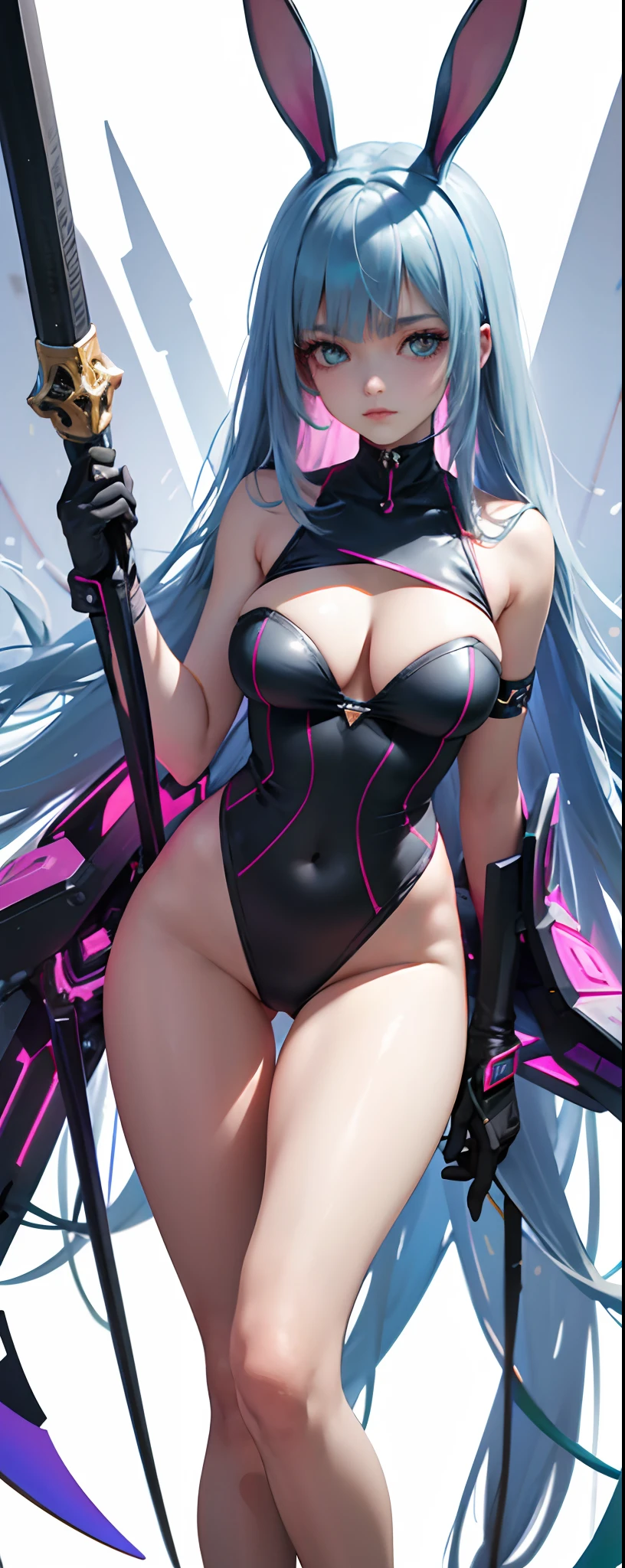 tmasterpiece,one-girl,Cyan eyes, cyber punk perssonage, Pink Long Hair,deep v big breasts,flatchest,Bunny ears, Cat tail, chest plate, Long gloves, Long sword, a cat tail,Bare arms,show legs,Open navel,Slimming the waist, whole-length, legsupms, full bodyesbian:1.3