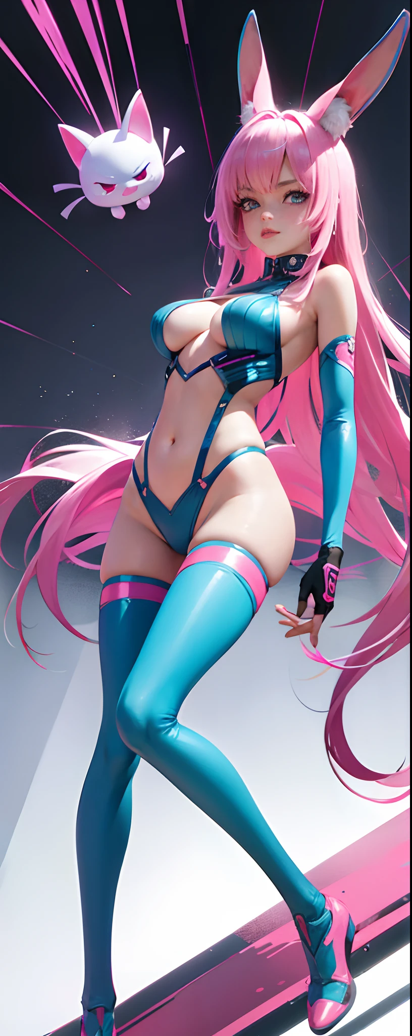 tmasterpiece，one-girl，Cyan eyes, cyber punk perssonage, Pink Long Hair，deep v big breasts，flatchest，Bunny ears, Cat tail, chest plate, Long gloves, Long sword, a cat tail，Bare arms，show legs，Open navel，Slimming the waist, whole-length, legsupms, full bodyesbian：1.3