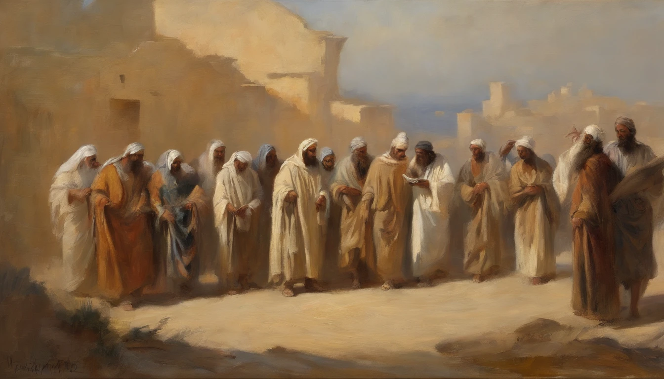 Jeremiah called the Israelites to repentance, The cry of the prophet,Multi-person gatherings, papyrus,Weathered parchment,Old dress,,Historical reference,High quality artwork and details,Realistic portrait style,Subtle color palette,Vibrant background,Natural textures,Deep shadows,subtle highlights,historically accurate,Meticulous attention to detail,Emotional depth and intensity,True representation,Thought-provoking,spiritual ambiance,An ancient sense of wisdom,Profound impact