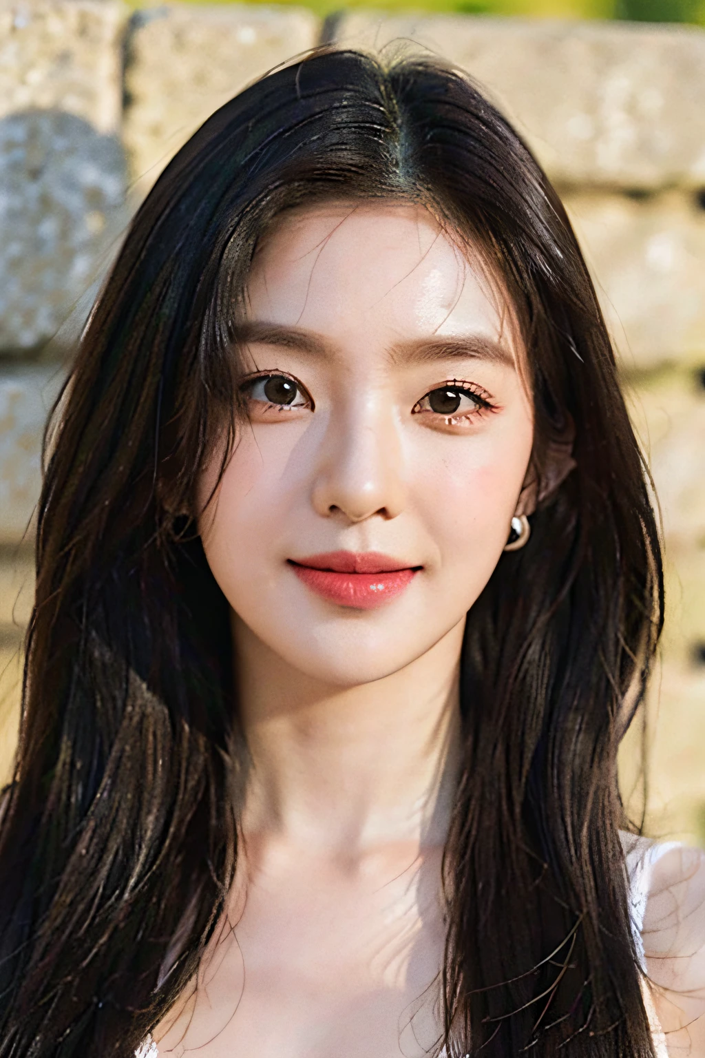 stressed face, surprised look, {{nude}}, girl running, on path by stone wall, warm sunny day, stone wall, cute smile, {{surprise look}}{{small breasts}}, cleavage, best quality, masterpiece, illustration, very delicate and beautiful, very detailed, CG, unity, 8K wallpapers, amazing, fine detail, very detailed CG Unity 8K wallpapers, huge file size, very detailed, high resolution, handsome detail woman, very detailed eyes and face, wonderful detailed eyes, light on face, (Best Illustration: 1.1), (Best Shadow: 1.1), Ultra High Resolution, (Photoreal: 1.1), (Photo Realistic), Realistic Face Proportions, Slender, Smile, (Makeup: 0.4), (Fluffy Black Eyes: 1.21), Black Eyes, Looking at the Viewer, Dark Brown Hair, Earrings, Necklaces, Hairpins, full body, (Irregular Irregular Skin Imperfections, Veins, Skin Wrinkles Pores: 1.2), ((Day light))