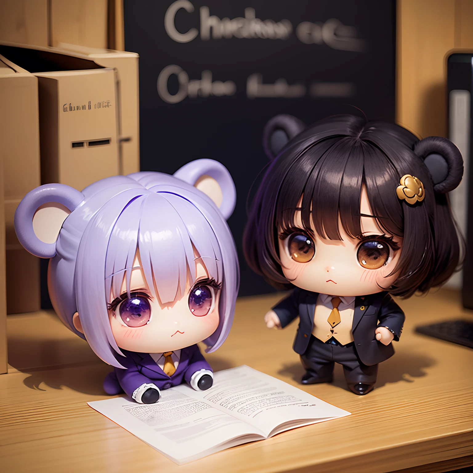 ​masterpiece、top-quality、ultra-detailliert、(Chibi Chara:1.2)、Purple Bear of Lies、Business suits、Chibi Office、Standing