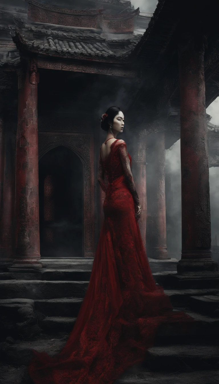 (best quality, masterpiece, surreal, ultra-high resolution, (realistic:1.4), traditional oriental house in the background, broken, cracked, detailed facial features, 1 oriental girl, red dress, wedding gown, red veil, (ethereal smoke:1.2), upper body, beautiful girl, full body, architecture)