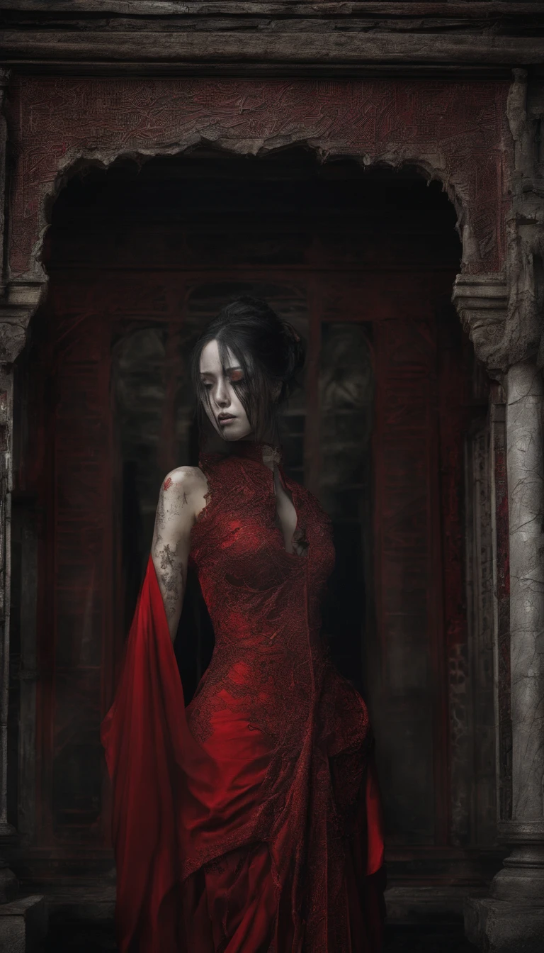 (best quality, masterpiece, surreal, ultra-high resolution, (realistic:1.4), traditional oriental house in the background, broken, cracked, detailed facial features, 1 oriental girl, red dress, wedding gown, red veil, (ethereal smoke:1.2), upper body, beautiful girl, full body, architecture)