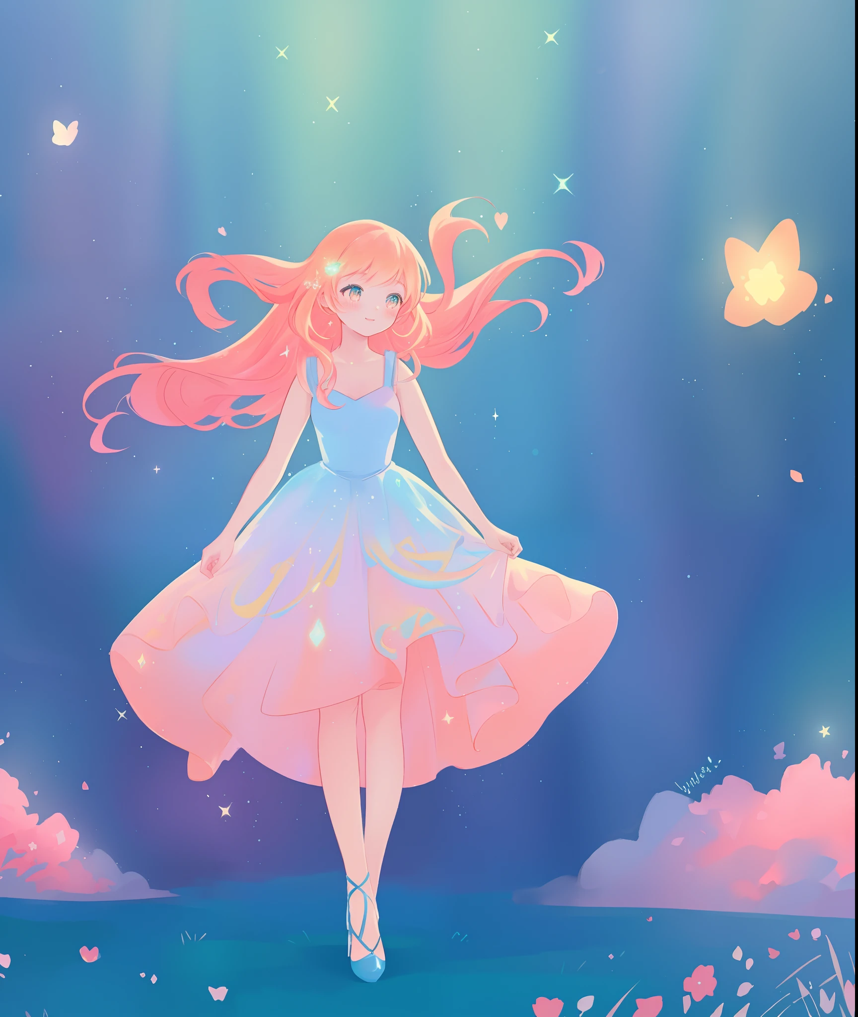 beautiful girl, puffy tiered ballgown, otherworldly forest landscape, vibrant pastel colors, (colorful), glowing golden long hair, magical lights, sparkling magical liquid, inspired by Glen Keane, inspired by Lois van Baarle, disney art style, by Lois van Baarle, glowing aura around her, by Glen Keane, jen bartel, glowing lights! digital painting, flowing glowing hair, glowing flowing hair, beautiful digital illustration, fantasia background, whimsical, magical, fantasy, ((beautiful face)), ((masterpiece, best quality)), intricate details, highly detailed, sharp focus, 8k resolution, sparkling detailed eyes, liquid watercolor