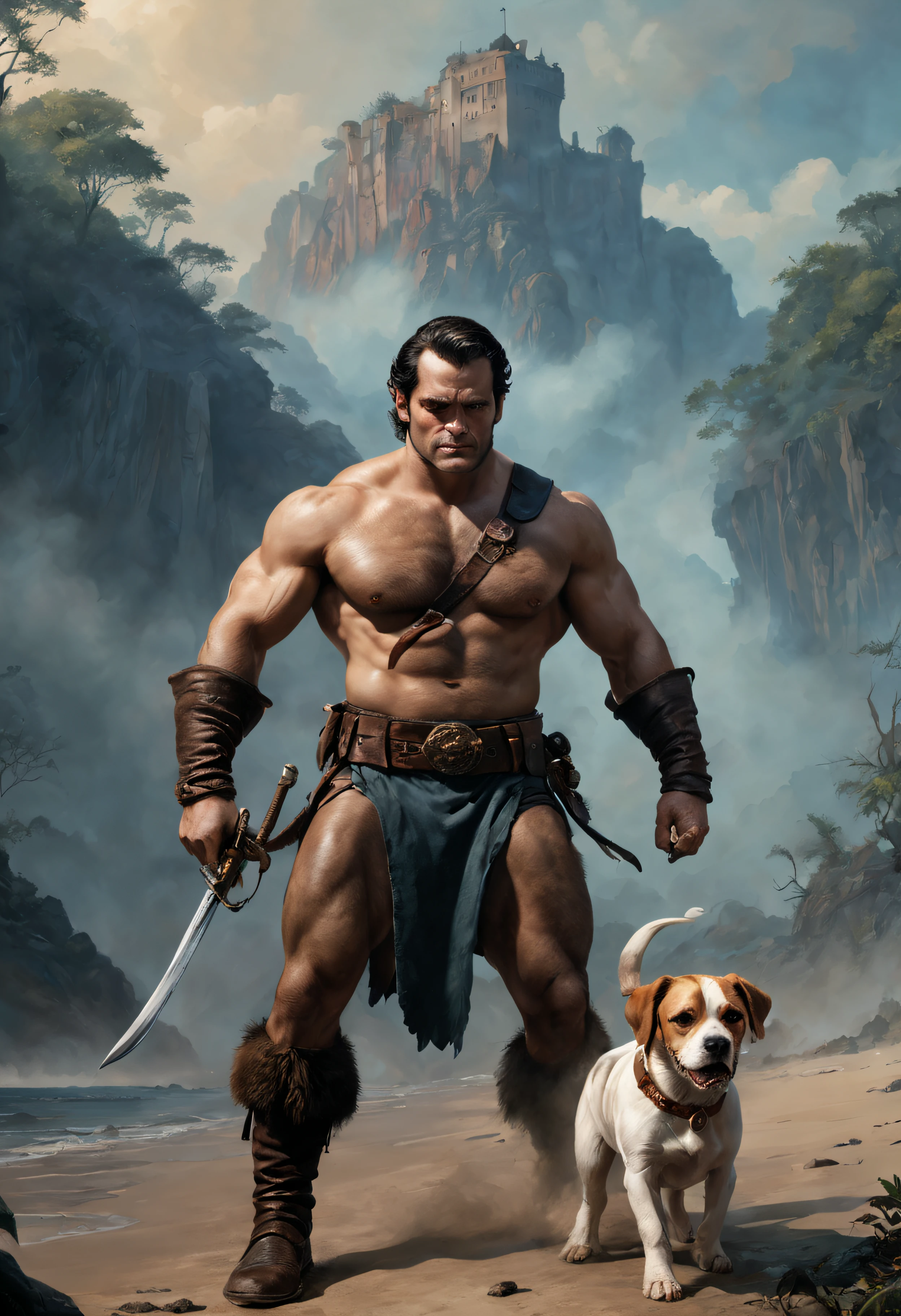 graphic violent fantasy art, in the art style of Frank Frazetta, Henry Cavill as Beagle-Man, anthropomorphic, from the movie 'the Island of Dr Moreau,' 32k UHD, hyper realistic, photorealistic, realistic, lifelike, real life, extremely detailed, sharp, vibrant, colorful, smokey, violent, graphic, beautiful, amazing, artistic, wonderful, powerful, swashbuckling, professional quality Oil Painting