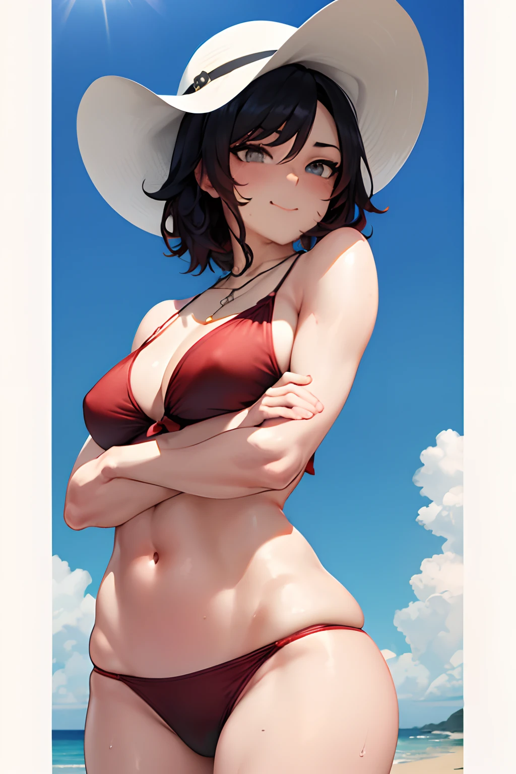 (Masterpiece, Best Quality:1.2),(from below:1.4),pov,(looking down:1.2),bright,(head down:1.2),squatting, body facing away, (ass focus:1.2), Cowboy shot,sunny beach, 1girl,black colored hair,short hair, sun hat, smile, closed mouth, looking at viewer, crossed arms,red bikini, Jewelry, necklace, small-breasts, slim thighs, Spacer frame, steam, glistering slap, Wet, the sweat,