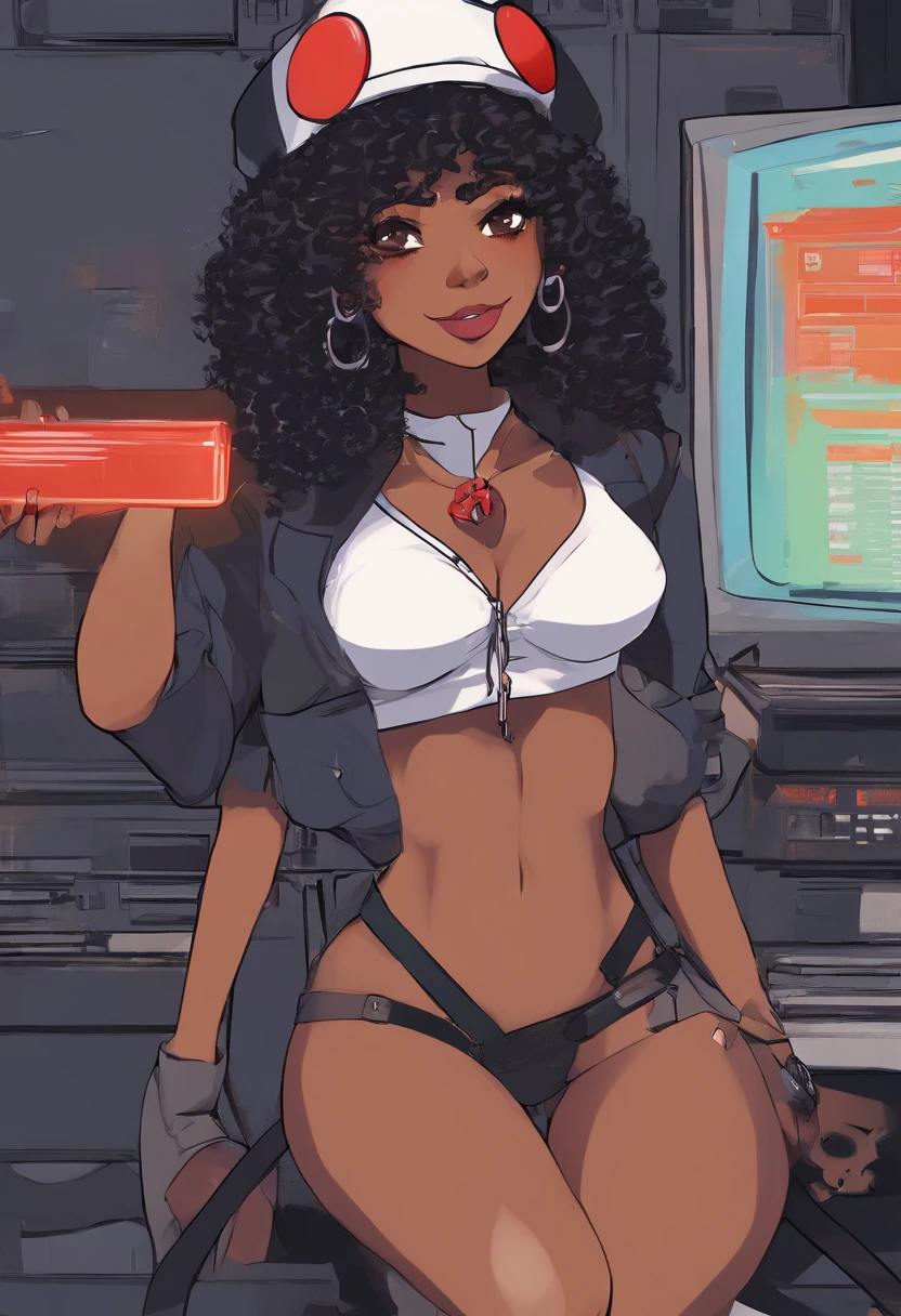 Black gothic girl, soviet union uniform, soviet service cap, gothic heels, , hairy , holding a controler, drinking vodka, mullet hair, latina face, tan skin, darker tone, tongue out, hairy , with hair, siting down in a puff, black girl, muscle female, playing video game, spreading legs, driping cum from.hairy , with hair, laizy pose, black girl, black skin, dark skin, darker tone. Two females playing videos, both black woman, romantic, girlfriends