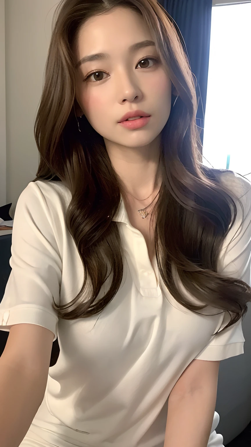 ((best quality, 8 thousand, masterpiece:1.3)), Concentrate upon:1.2, perfect figure beautiful woman:1.4, tilted hips:1.2, ((random long thick hairstyles) ((brown wavy hair with big curls))（long white legs：1.3，(shorts and polo shirt:1.2) , (in the room: 1.2), Highly detailed face and skin textures, eye for detail, double eyelid，whiten your skin，（erect big tits：1.3), looking at camera, wear a necklace，