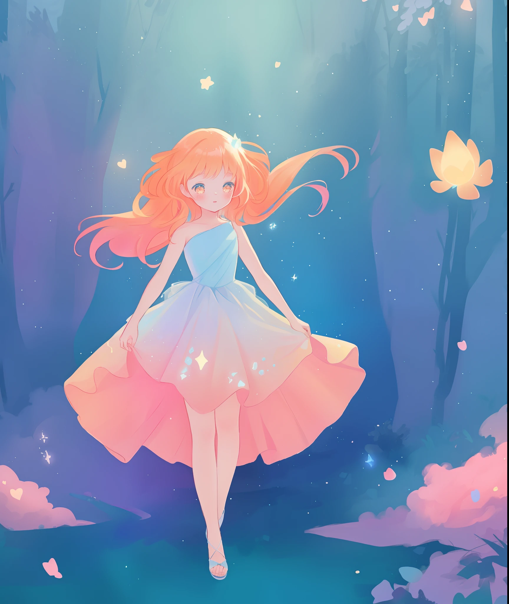 beautiful girl, puffy tiered ballgown, otherworldly forest landscape, vibrant pastel colors, (colorful), glowing golden long hair, magical lights, sparkling magical liquid, inspired by Glen Keane, inspired by Lois van Baarle, disney art style, by Lois van Baarle, glowing aura around her, by Glen Keane, jen bartel, glowing lights! digital painting, flowing glowing hair, glowing flowing hair, beautiful digital illustration, fantasia background, whimsical, magical, fantasy, ((beautiful face)), ((masterpiece, best quality)), intricate details, highly detailed, sharp focus, 8k resolution, sparkling detailed eyes, liquid watercolor
