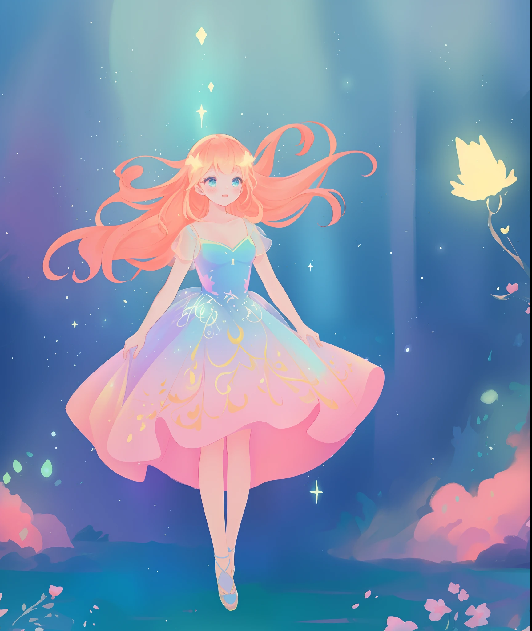 beautiful girl, puffy tiered ballgown, otherworldly forest landscape, vibrant pastel colors, (colorful), glowing golden long hair, magical lights, sparkling magical liquid, inspired by Glen Keane, inspired by Lois van Baarle, disney art style, by Lois van Baarle, glowing aura around her, by Glen Keane, jen bartel, glowing lights! digital painting, flowing glowing hair, glowing flowing hair, beautiful digital illustration, fantasia background, whimsical, magical, fantasy, ((beautiful face)), ((masterpiece, best quality)), intricate details, highly detailed, sharp focus, 8k resolution, sparkling detailed eyes, liquid watercolor