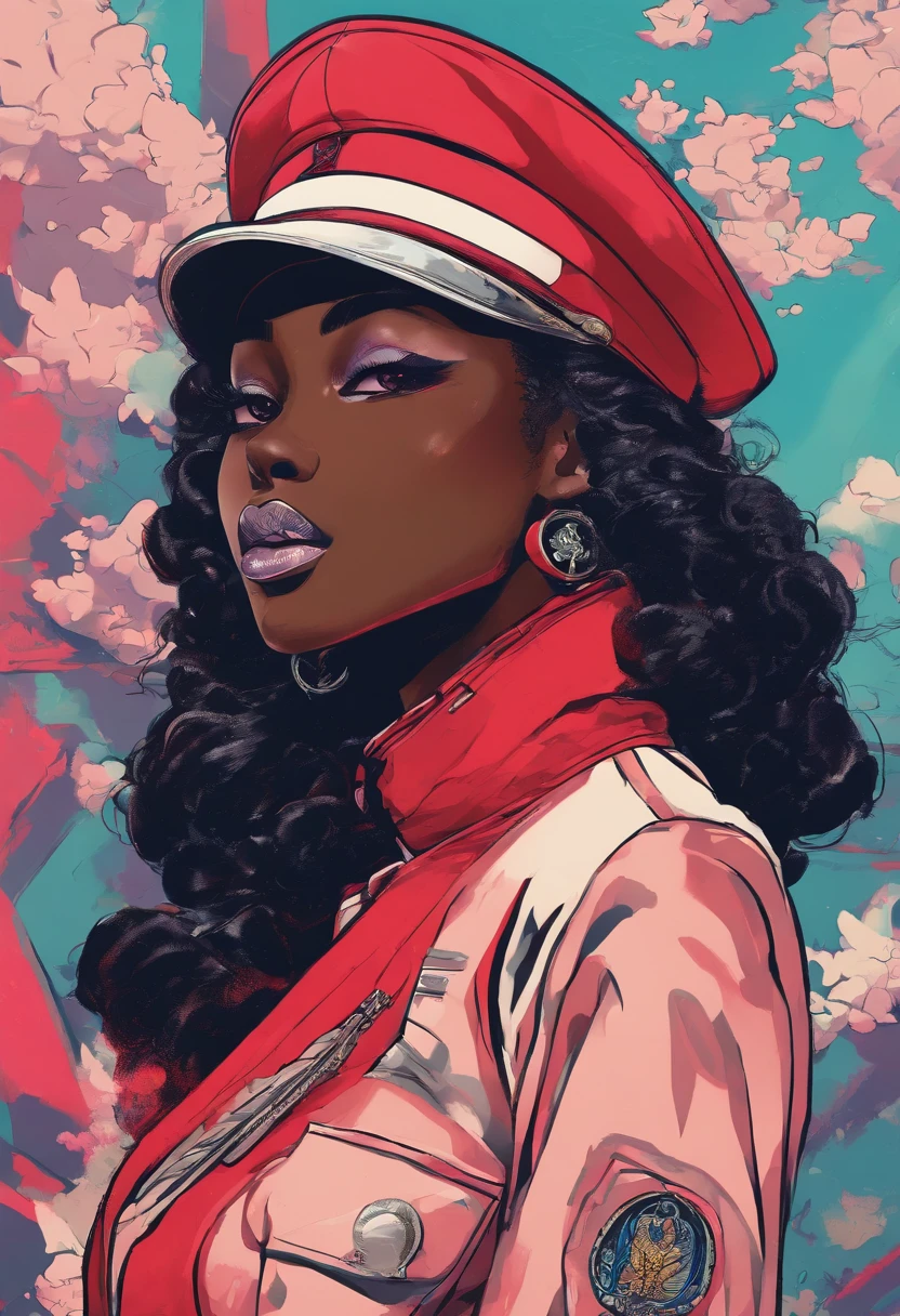 Black skin, gothic make up, mullet hair, soviet uniform, drinking vodka, sad face, driping hairy pussy, pussy hairy, driping cum, gothic heels, soviet union uniform, soviet service cap with horns, black skin, dark skin, darker tone, powerful black woman