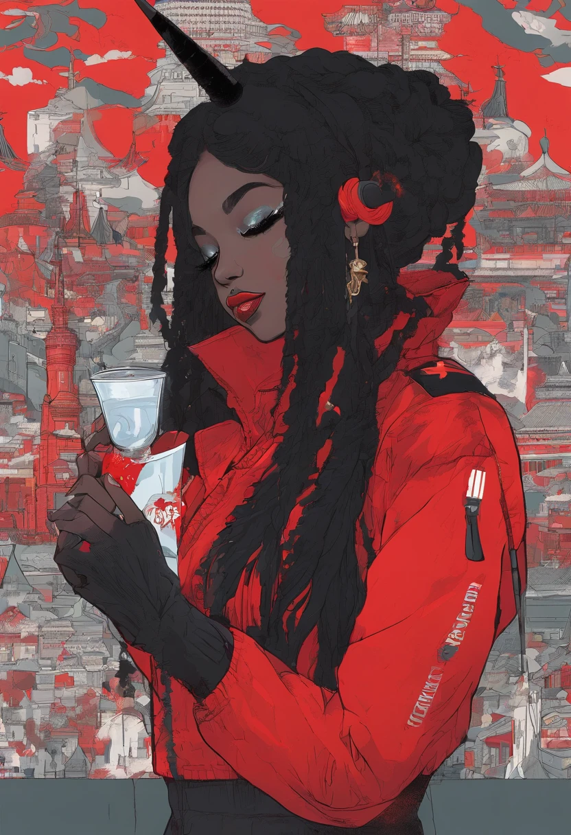 Black skin, gothic make up, mullet hair, soviet uniform, drinking vodka, sad face, driping hairy pussy, pussy hairy, driping cum, gothic heels, soviet union uniform, soviet service cap with horns, black skin, dark skin, darker tone, powerful black woman