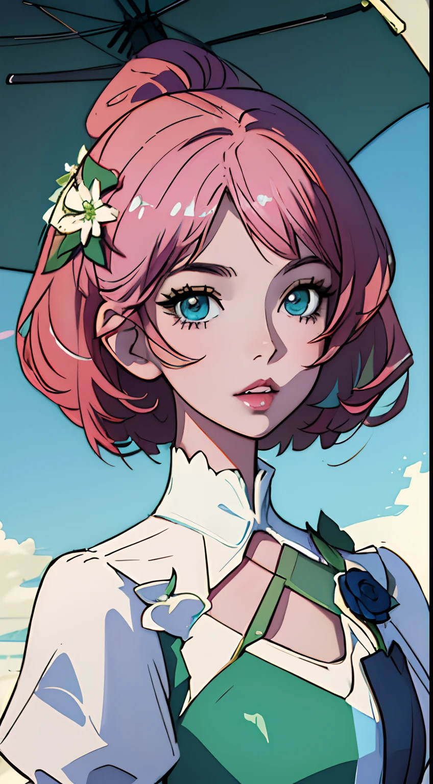 (master part, melhor qualidade) Alisa Rosto bonito, Olhos verdes detalhados , roupas elegantes e detalhadas , puffy lips ,Short Pink Hair Flower Accessories, (melhores detalhes) ( melhor qualidade) espetacular, dramatic scenery, Tekken , Digital anime illustration, estilo anime 4K, por Yang J, arte de anime digital detalhada, arte digital estilo anime, a beautiful artwork illustration, Digital anime illustration, arte de anime digital, 8k arte detalhada de alta qualidade