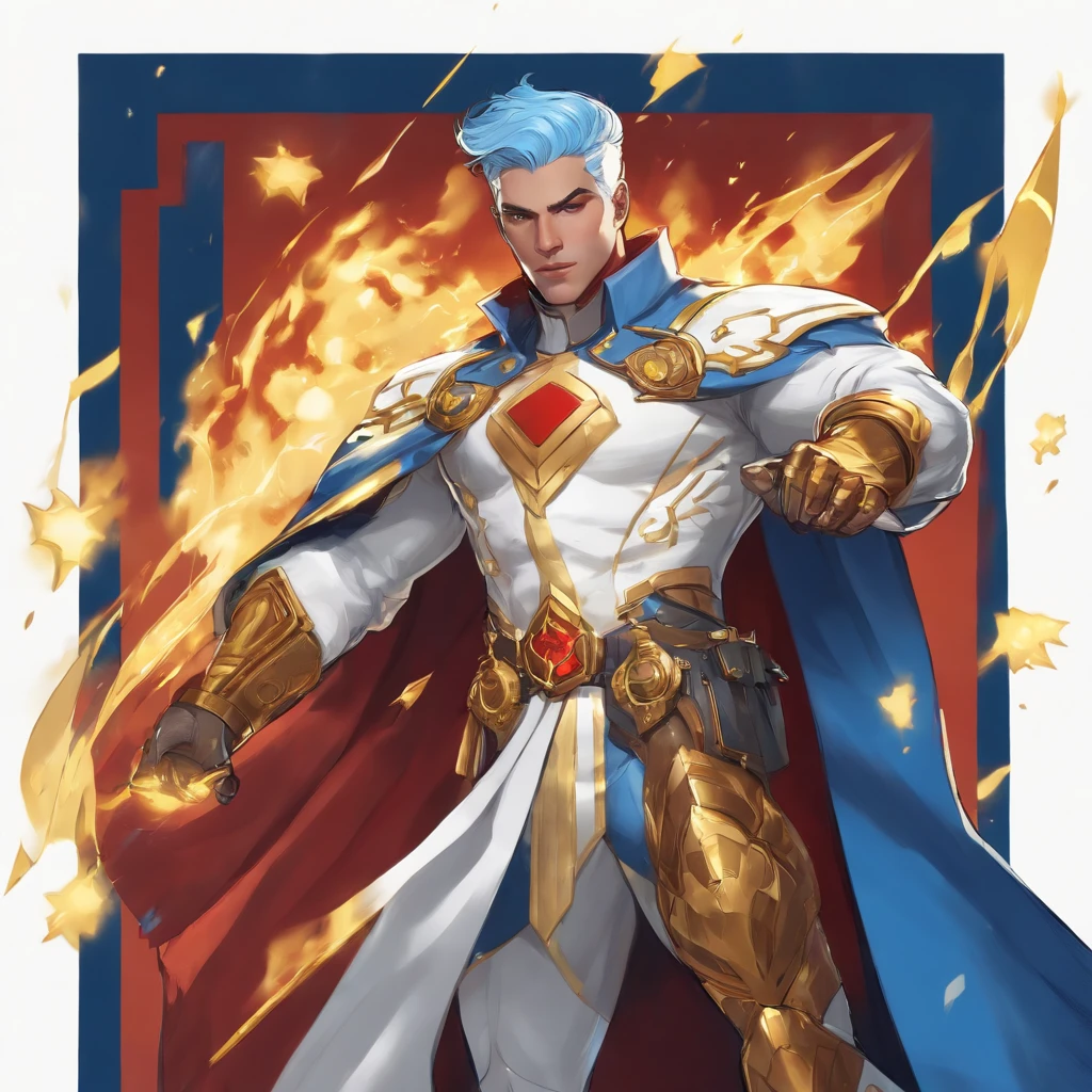 male in a blue suit, full portrait of electromancer, hero character art, iconic character splash art, heroic masculine pose, white cape, red and gold details on the suit, blue hair, yellow eyes