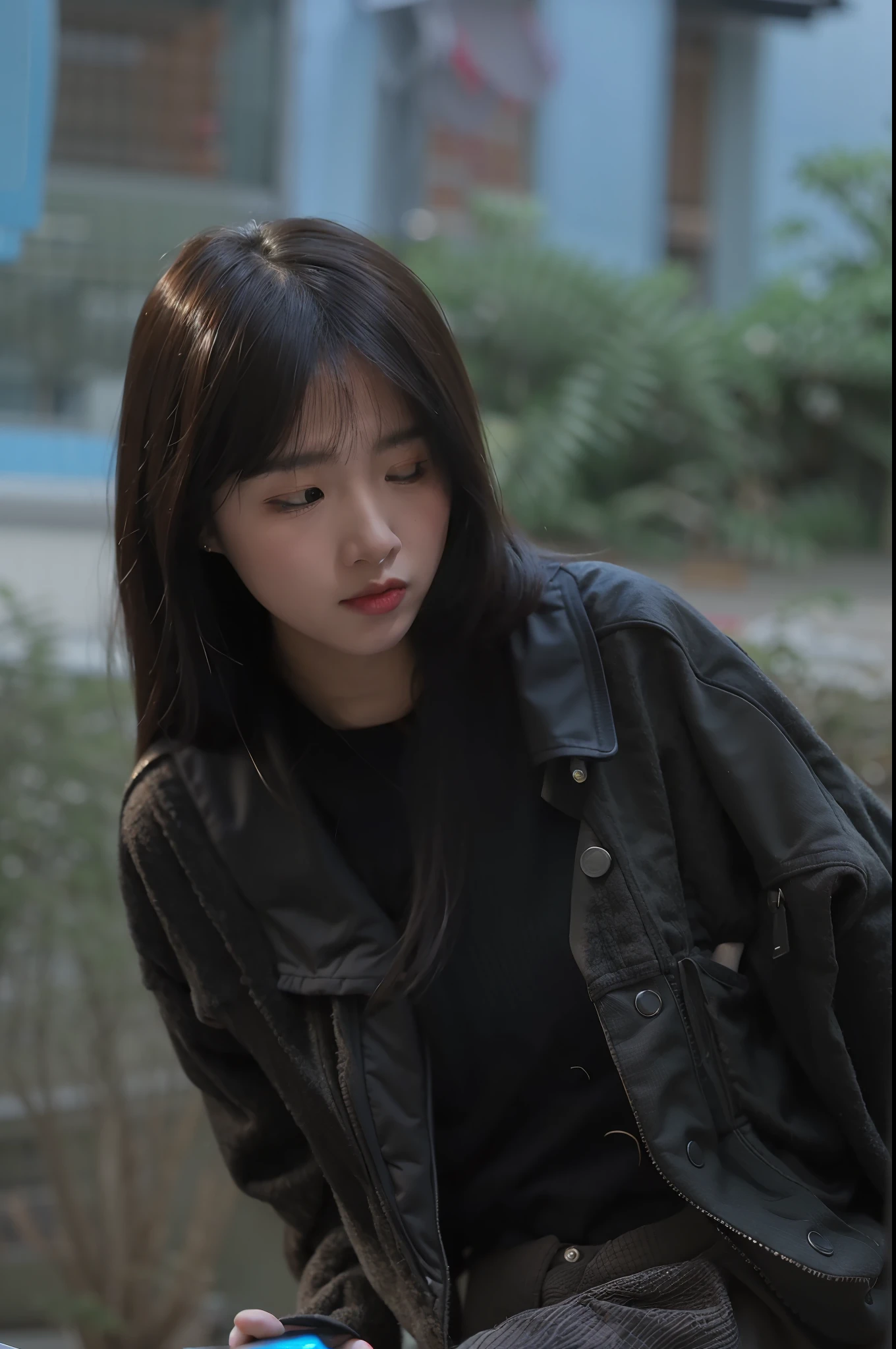 arafed woman in a black jacket looking at a cell phone, a young asian woman, young asian girl, cover photo portrait of du juan, shot on canon eos r 5, soft portrait shot 8 k, shot on canon eos r5, 50mm portrait, young asian woman, chinese girl, dslr 5 0 mm portrait photo, realistic. cheng yi
