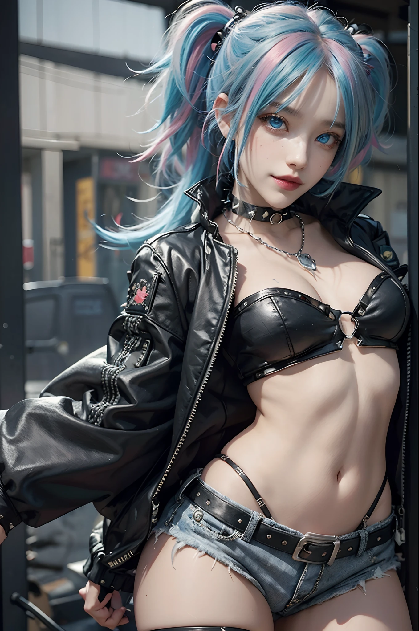 harleyquinn, Harley Quinn, bangs, Blue eyes, Blonde hair, double tails, Blue hair, multicolored hair, choker necklace, Gradient hair, Makeup, Piercing, Pink hair, Lips, lipstick, Red lips, Smile, grin,
Break thighs and thighs, mitts, navel, cleavage, jewelry, Jacket, Open clothes, Shorts, Black gloves, midriff, black thighhigns, Fingerless gloves, Collar, Bracelet, Open jacket, Black jacket, Crop top, Torn clothes, Short shorts, tattoo, chain, Spikes, Cropped jacket, spiked bracelet, spiked collar, Micro shorts, Multicolored jacket,
BREAK looking at viewer, full bodyesbian,
BREAK outdoors,
Break (Masterpiece:1.2), Best quality, high resolution, Unity 8k wallpaper, (illustration:0.8), (Beautiful detailed eyes:1.6), Extremely detailed face, Perfect lighting, Extremely detailed CG, (Perfect hands, Perfect anatomy),