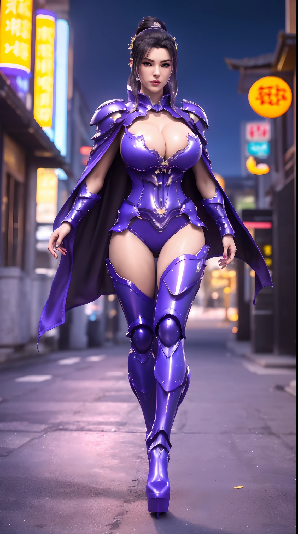 1GIRL, SOLO, (black ponytail hair, ornament hair), (HUGE FAKE BOOBS:1.3), (GUARD ARM, GLOVE), IMMORTAL, (blue, purple, FUTURISTIC DRAGON MECHA ARMOR SUIT, ROYAL CAPE, CLEAVAGE, SKINTIGHT YOGA HOTPANTS, HIGH HEELS:1.5), (SEXY BODY, MUSCULAR ABS, SEXY LONG LEGS, FULL BODY:1.3), (FROM FRONT, LOOKING AT VIEWER:1), (WALKING DOWN ON STREET NIGHT CITY:1.3), PHYSICALLY-BASED RENDERING, ULTRA HIGHT DEFINITION, 8K, 1080P.