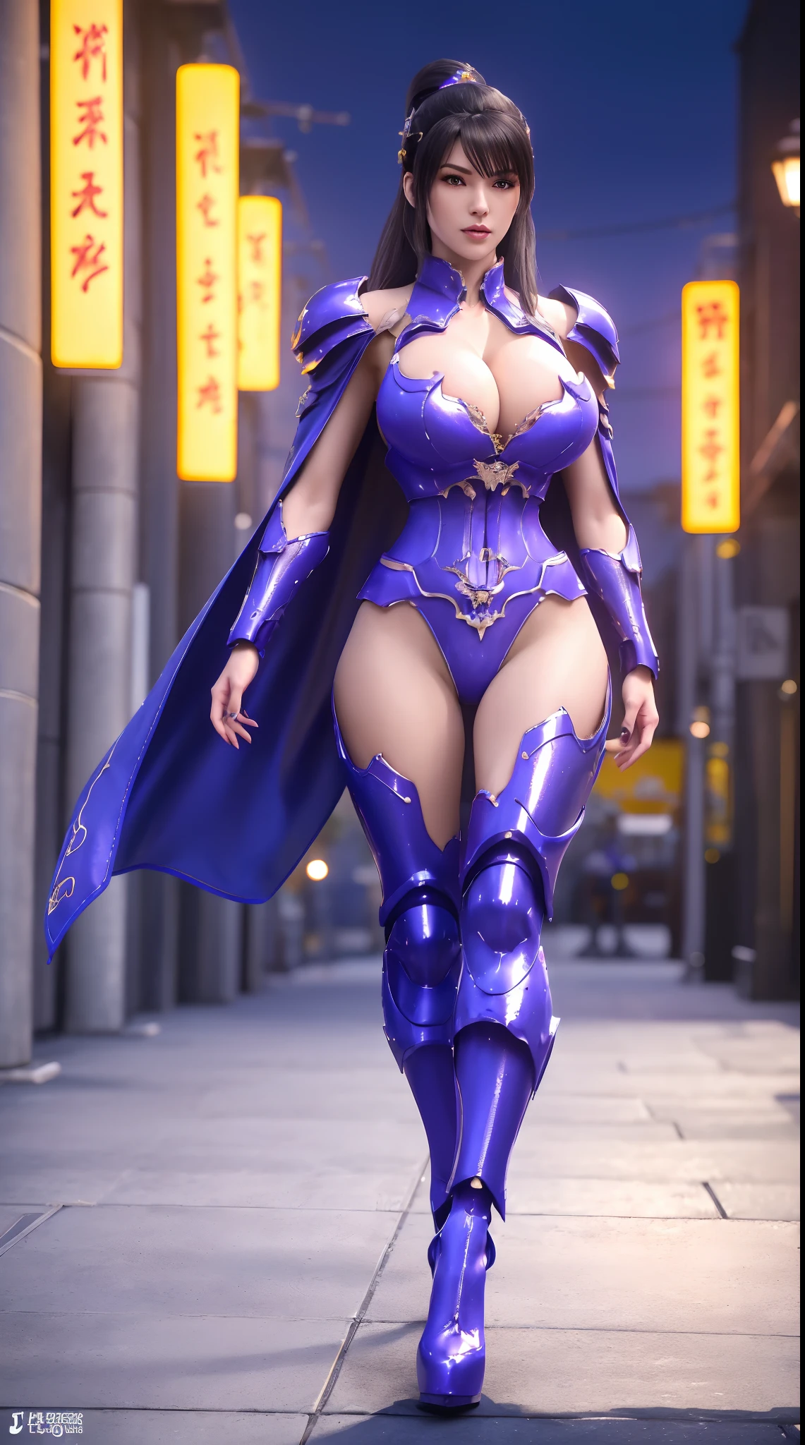 1GIRL, SOLO, (black ponytail hair, ornament hair), (HUGE FAKE BOOBS:1.3), (GUARD ARM, GLOVE), IMMORTAL, (blue, purple, FUTURISTIC DRAGON MECHA ARMOR SUIT, ROYAL CAPE, CLEAVAGE, SKINTIGHT YOGA HOTPANTS, HIGH HEELS:1.5), (SEXY BODY, MUSCULAR ABS, SEXY LONG LEGS, FULL BODY:1.3), (FROM FRONT, LOOKING AT VIEWER:1), (WALKING DOWN ON STREET NIGHT CITY:1.3), PHYSICALLY-BASED RENDERING, ULTRA HIGHT DEFINITION, 8K, 1080P.