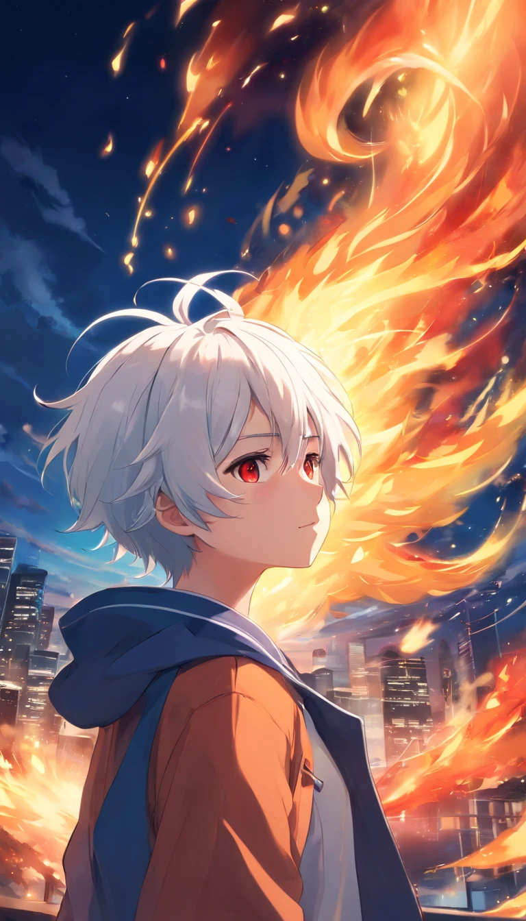 Best Quality, masutepiece, 超A high resolution, (photos realistic:1.4), surrealism, dream-like,fusionart, Anime Boy, White hair, Red Eyes, In the Dark, Fire magic,short-haired