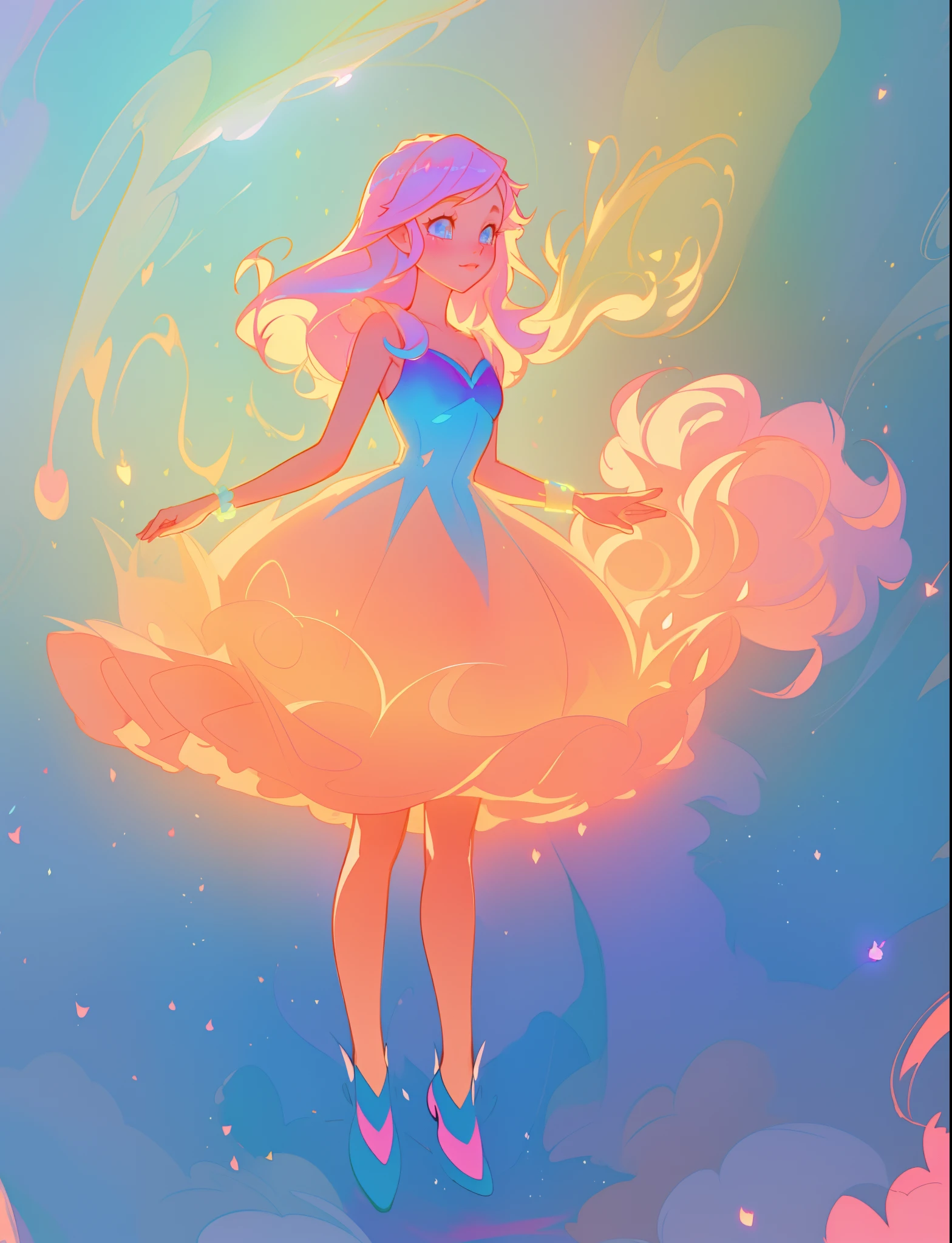 beautiful girl, puffy tiered flower fairy ballgown dress, vibrant pastel colors, (colorful), glowing golden long hair, magical lights, sparkling magical liquid, inspired by Glen Keane, inspired by Lois van Baarle, disney art style, by Lois van Baarle, glowing aura around her, by Glen Keane, jen bartel, glowing lights! digital painting, flowing glowing hair, glowing flowing hair, beautiful digital illustration, fantasia background, whimsical, magical, fantasy, ((beautiful face)), ((masterpiece, best quality)), intricate details, highly detailed, sharp focus, 8k resolution, sparkling detailed eyes, liquid watercolor