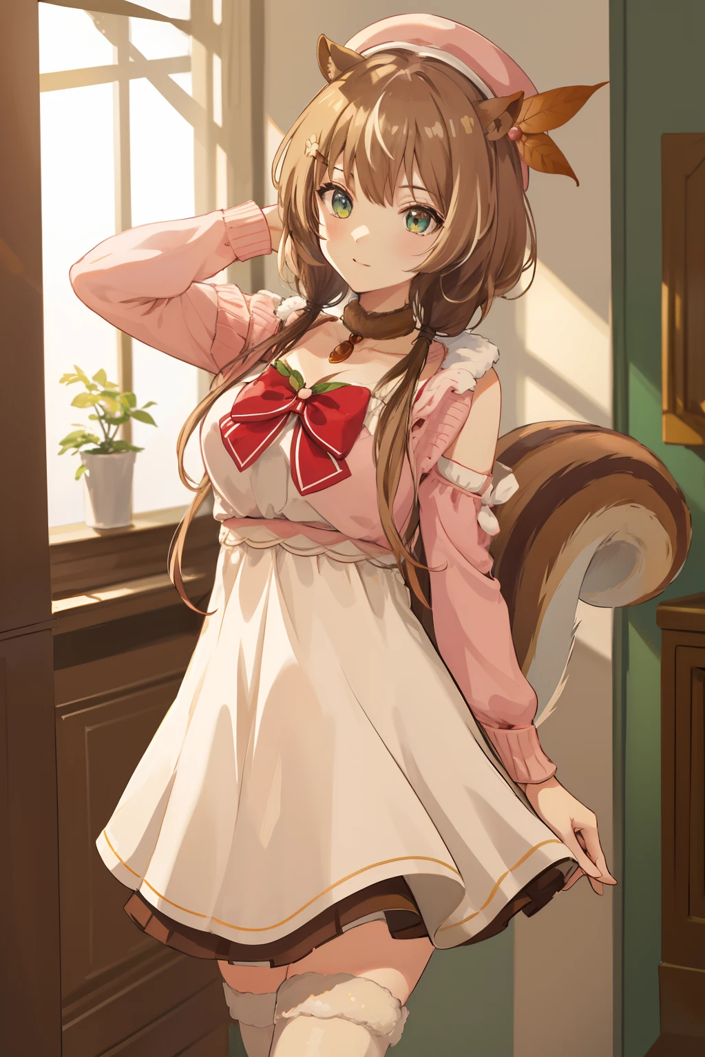 2d, masterpiece, best quality, anime, highly detailed face, highly detailed eyes, highly detailed background, perfect lighting, full body, cowboy shot, 1girl, solo, ayunda risu, squirrel girl, squirrel tail, squirrel ears, white dress, white thighhighs, fur trim, low twintails, red bow, beret, pink cardigan, leaf hair ornament, acorn, choker, brown footwear, medium breasts