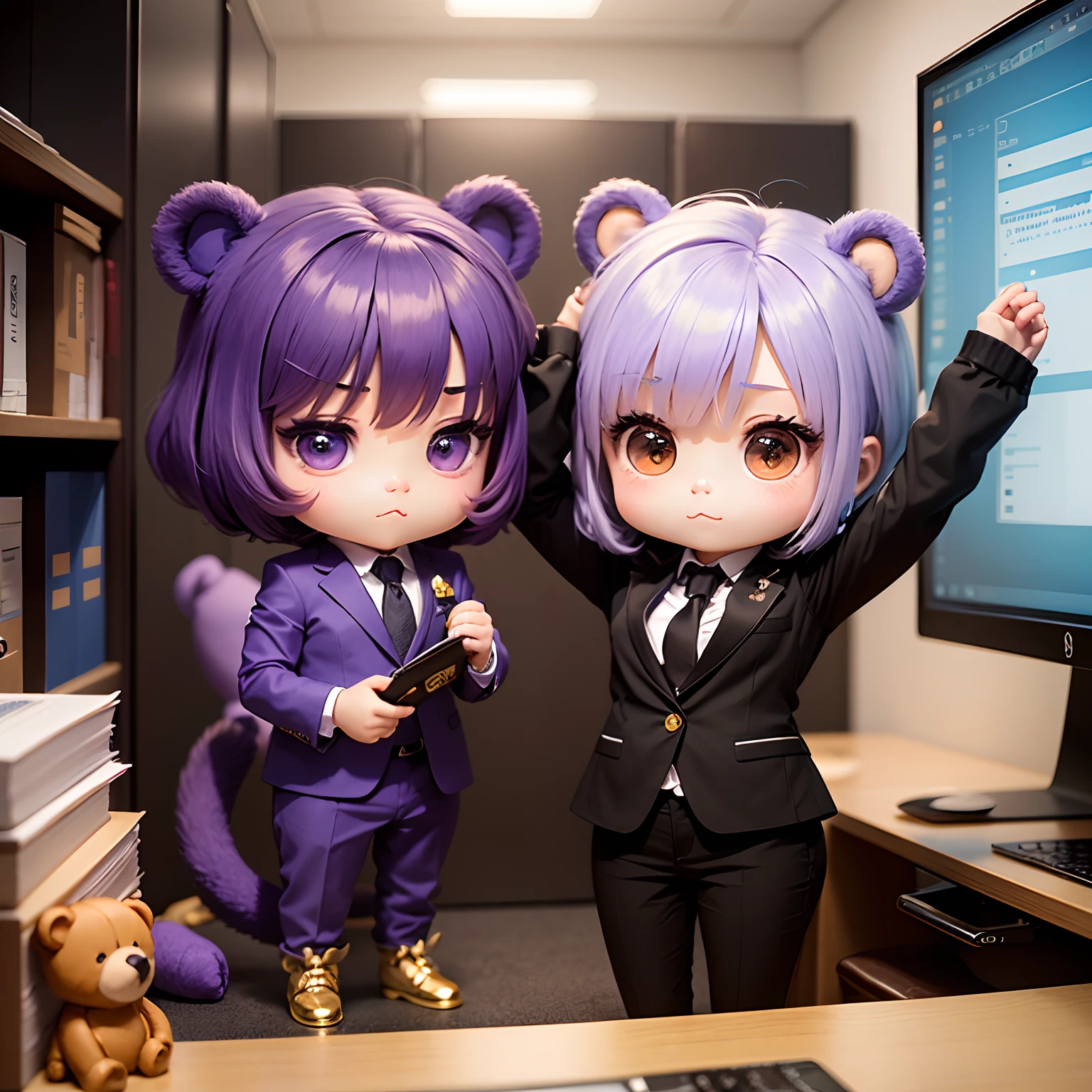 masterpiece、top-quality、ultra-detailliert、(Chibi Chara Purple Bear:1.2)、独奏、Business suits、Chibi Office、personal computers、Standing