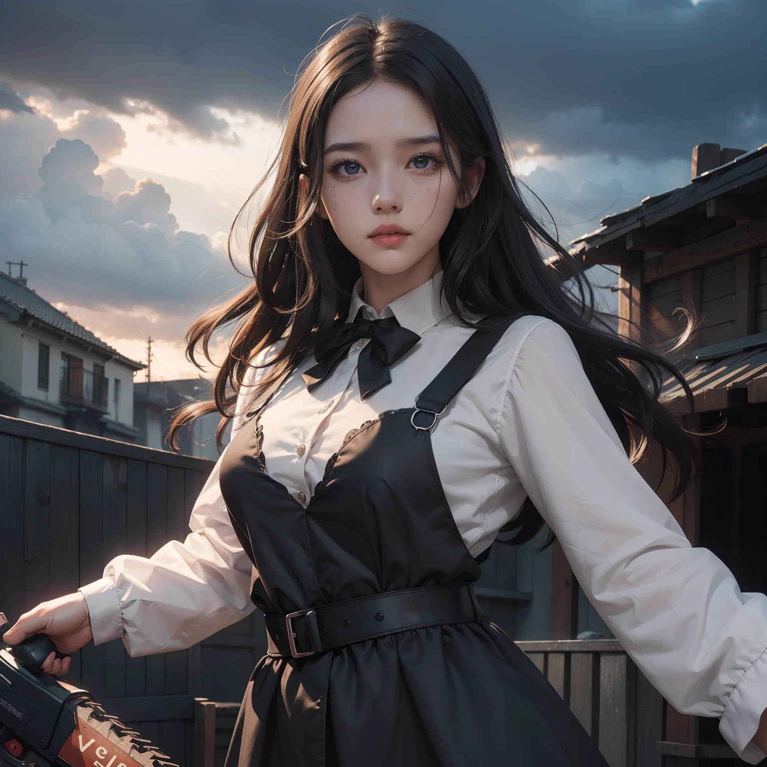 (Hyper-realistic), (Illustration), (High resolution), (8K), (Extremely detailed), (Best Illustration), Yol ( chain saw man ), (Beautiful detailed eyes), (Best Quality), (Ultra-detailed), (masutepiece), (Wallpaper), (Detailed face), Solo, Upper body, Focus on Face, 1 girl, Long Black Hair, Korean, Thin eyeshadow, A detailed eye, Brown eyes, Small moles under the eyes, Long sleeve shirt, Neckbow, Small breasts, pinafore dress, Dynamic Pose, low illuminance, Night, Dark, Clouds, a dark night