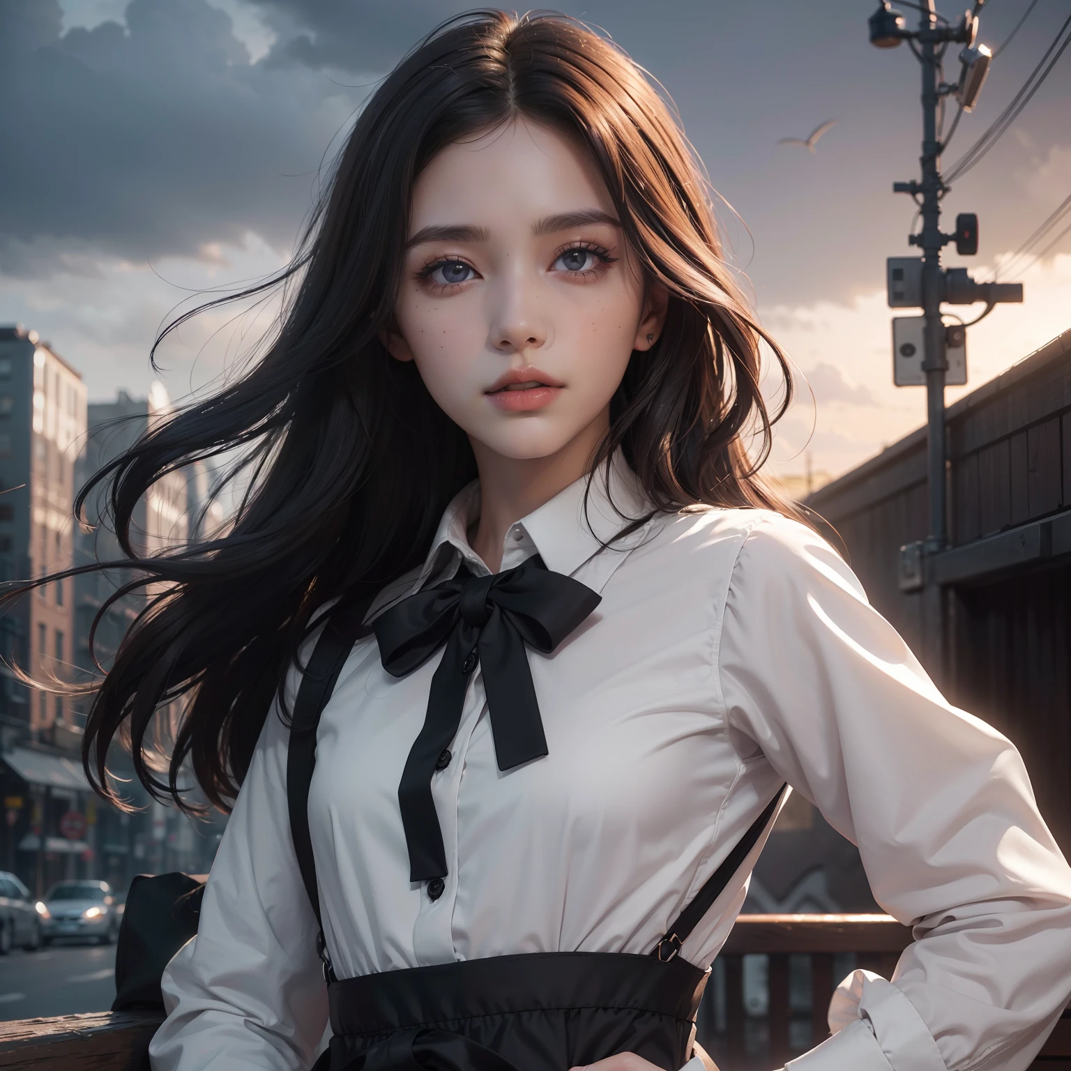 (Hyper-realistic), (Illustration), (High resolution), (8K), (Extremely detailed), (Best Illustration), Yol ( chain saw man ), (Beautiful detailed eyes), (Best Quality), (Ultra-detailed), (masutepiece), (Wallpaper), (Detailed face), Solo, Upper body, Focus on Face, 1 girl, Long Black Hair, Korean, Thin eyeshadow, A detailed eye, Brown eyes, Small moles under the eyes, Long sleeve shirt, Neckbow, Small breasts, pinafore dress, Dynamic Pose, low illuminance, Night, Dark, Clouds, a dark night
