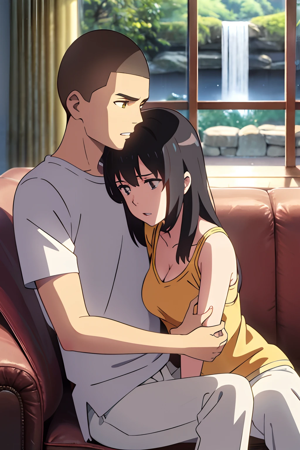 A man and a woman in underwear hugging each other on a sofa　The girl is embarrassed and blushing　The girl is wearing a striped tank top