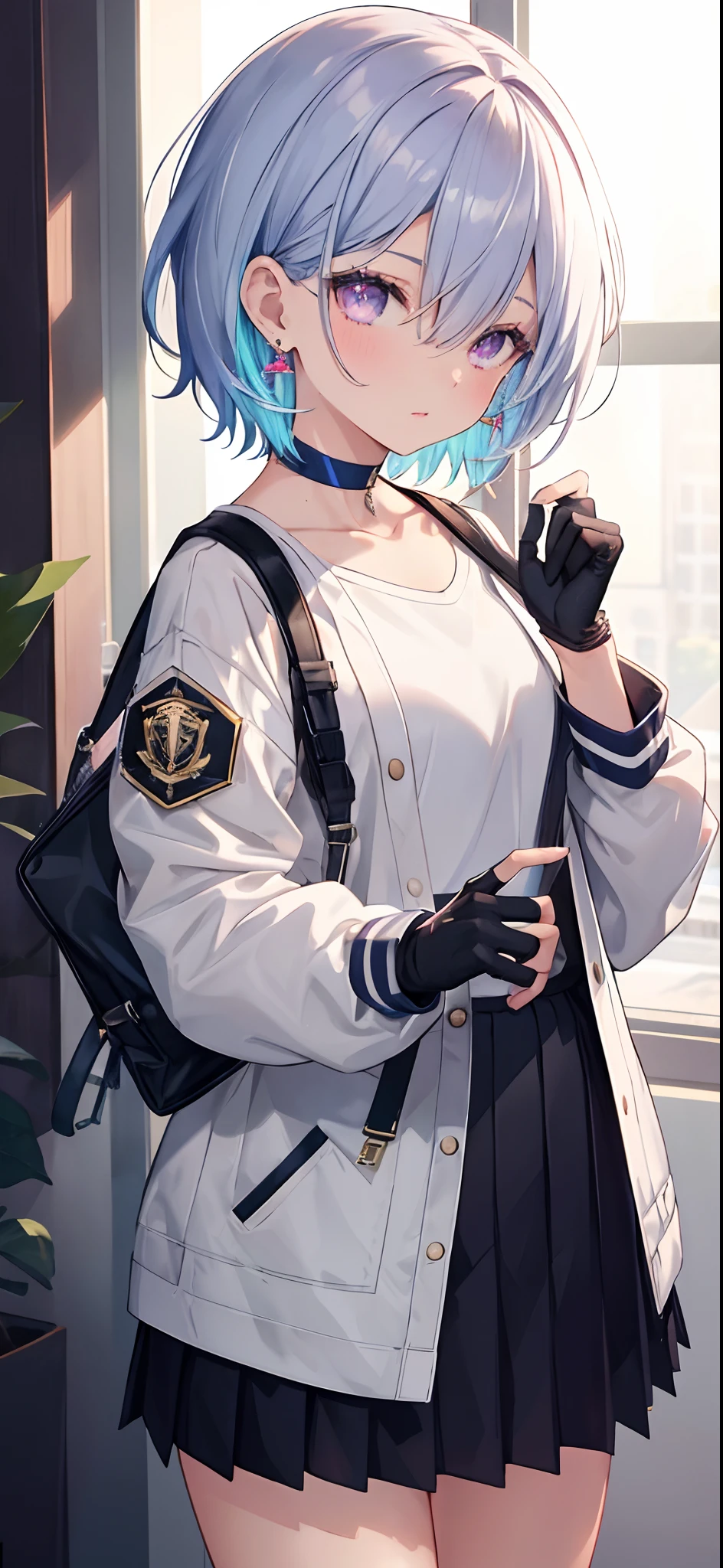 Marhd, Mards, 1girl, solo, skirt, gloves, earrings, jewelry, bangs, blue eyes, pink eyes, black gloves, long sleeves, blue skirt, choker, fingerless gloves, white shirt, hair between eyes, short hair, single glove, pleated skirt, partially fingerless gloves, purple eyes, jacket, multicolored eyes, (masterpiece: 1.6, best quality), (finely detailed beautiful eyes: 1.2), ultra-detailed, illustration, beautiful detailed eyes,