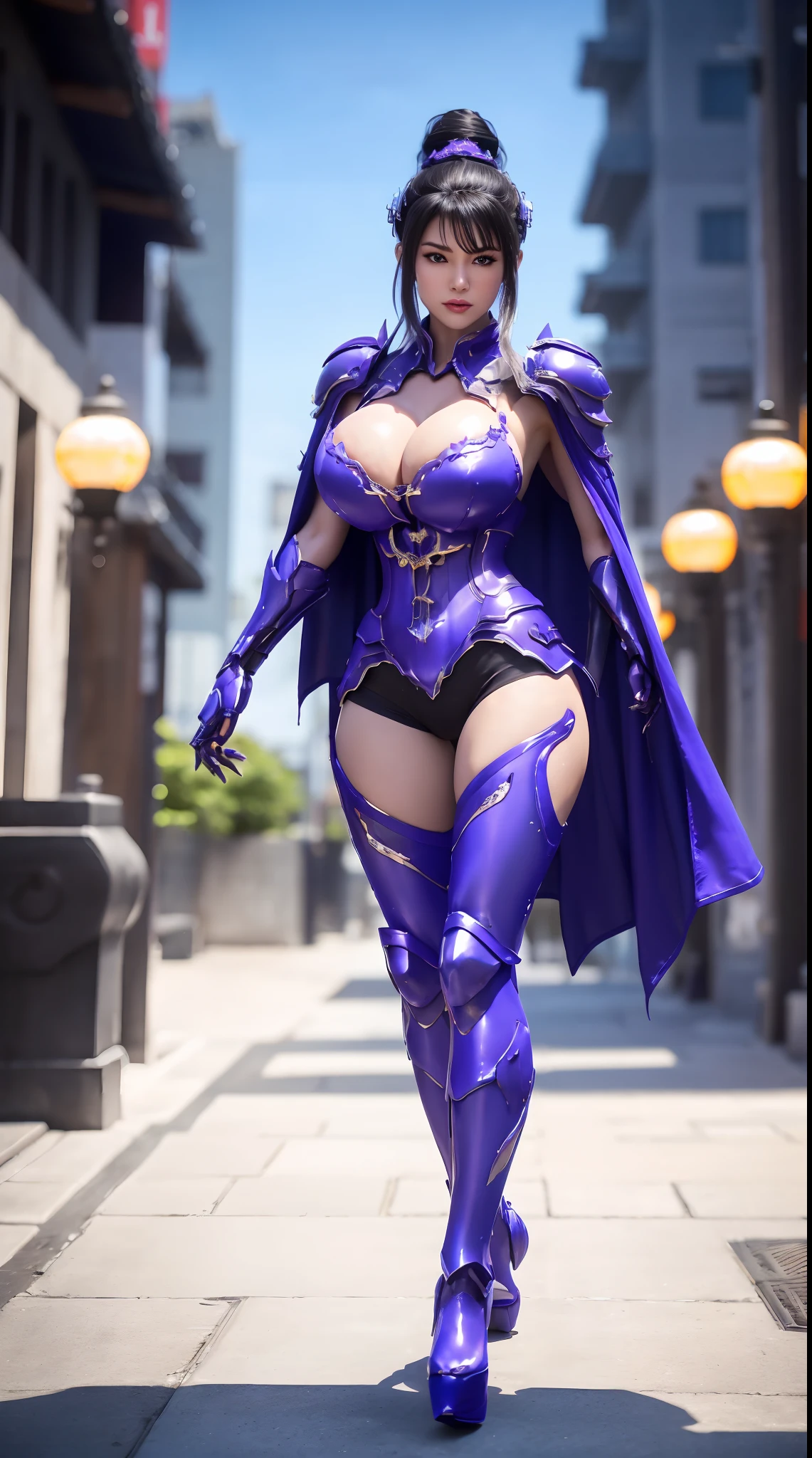 1GIRL, SOLO, (black ponytail hair, ornament hair), (HUGE FAKE BOOBS:1.3), (GUARD ARM, GLOVE), IMMORTAL, (blue, purple, FUTURISTIC DRAGON MECHA ARMOR SUIT, ROYAL CAPE, CLEAVAGE, SKINTIGHT YOGA HOTPANTS, HIGH HEELS:1.5), (SEXY BODY, MUSCULAR ABS, SEXY LONG LEGS, FULL BODY:1.3), (FROM FRONT, LOOKING AT VIEWER:1), (WALKING DOWN ON STREET NIGHT CITY:1.3), PHYSICALLY-BASED RENDERING, ULTRA HIGHT DEFINITION, 8K, 1080P.