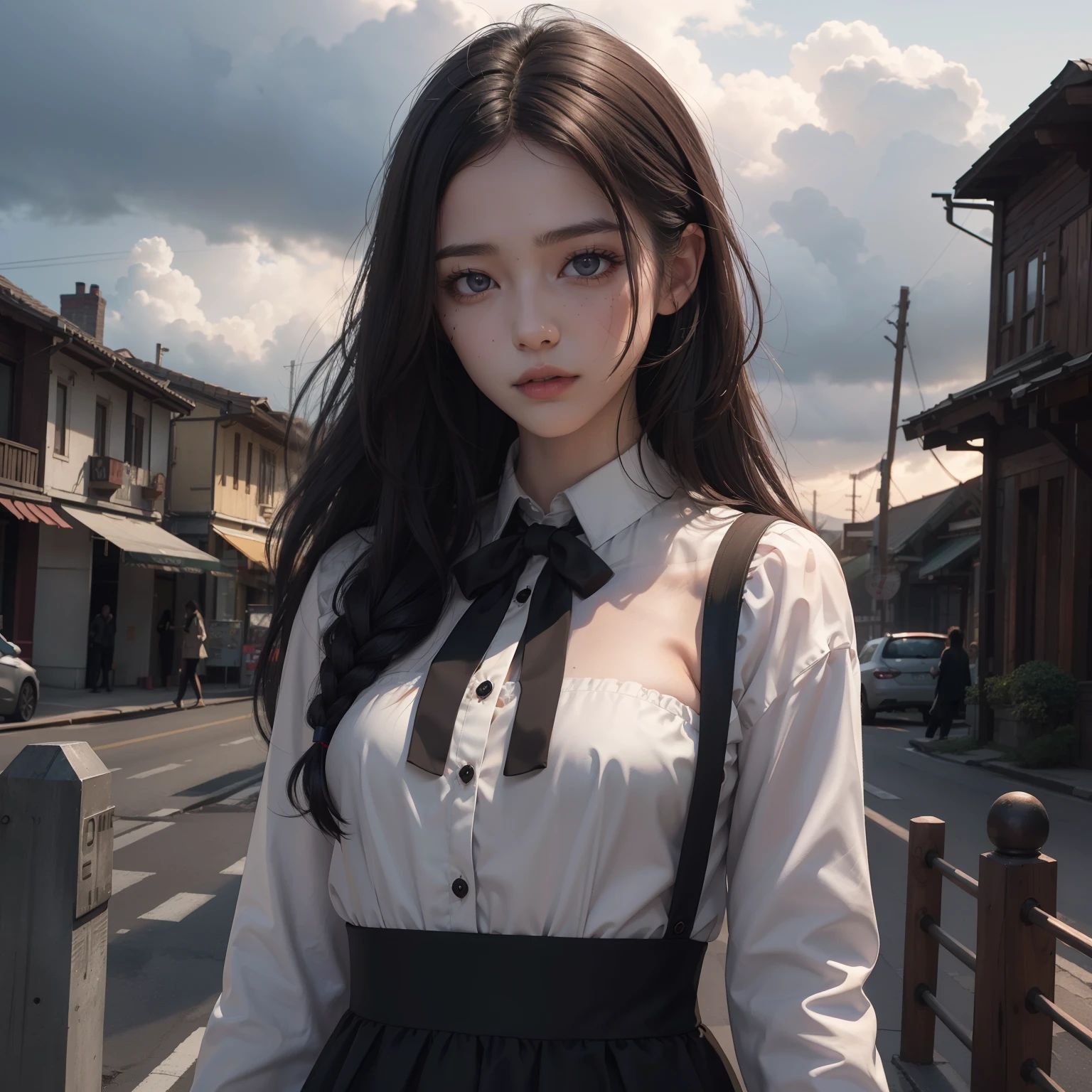 (Hyper-realistic), (Illustration), (High resolution), (8K), (Extremely detailed), (Best Illustration), Yol ( chain saw man ), (Beautiful detailed eyes), (Best Quality), (Ultra-detailed), (masutepiece), (Wallpaper), (Detailed face), Solo, Upper body, Focus on Face, 1 girl, Long Black Hair, Korean, Thin eyeshadow, A detailed eye, Brown eyes, Small moles under the eyes, Long sleeve shirt, Neckbow, Small breasts, pinafore dress, Dynamic Pose, low illuminance, Night, Dark, Clouds, a dark night
